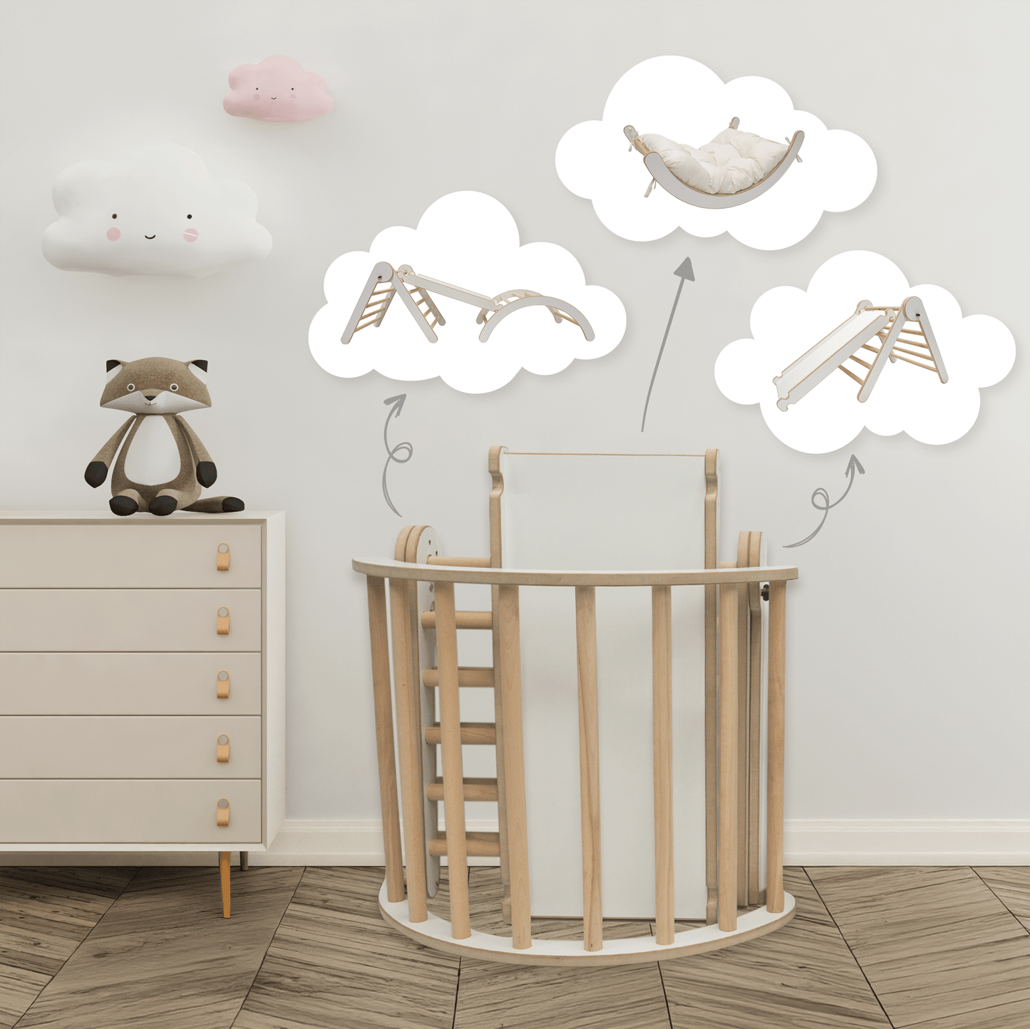 MAMOI® Klettergerüst Kletterdreieck Indoor 4 in 1 SET. Montessori Kletterbogen mit Kissen, Indoor Spielplatz 1-3 Jahre und Rutsche für Kinder.-3