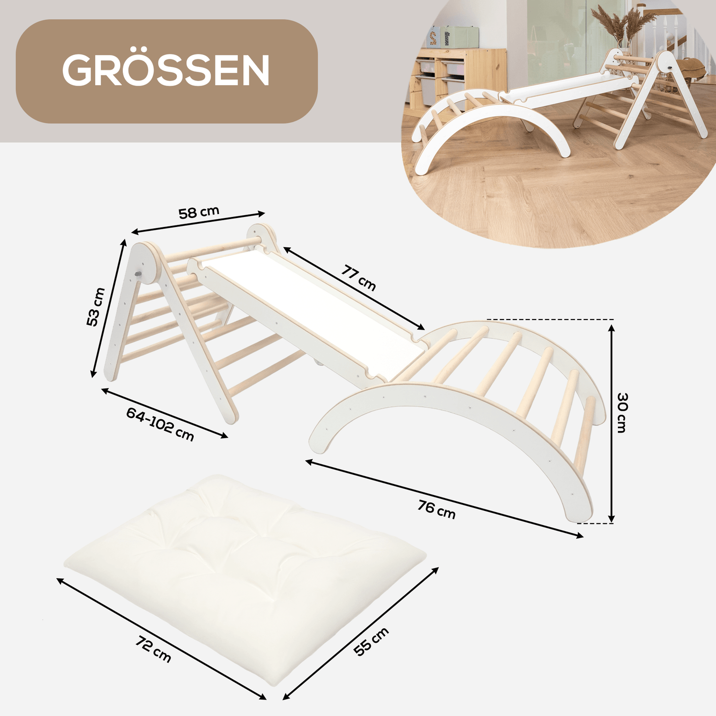 MAMOI® Klettergerüst Kletterdreieck Indoor 4 in 1 SET. Montessori Kletterbogen mit Kissen, Indoor Spielplatz 1-3 Jahre und Rutsche für Kinder.-2
