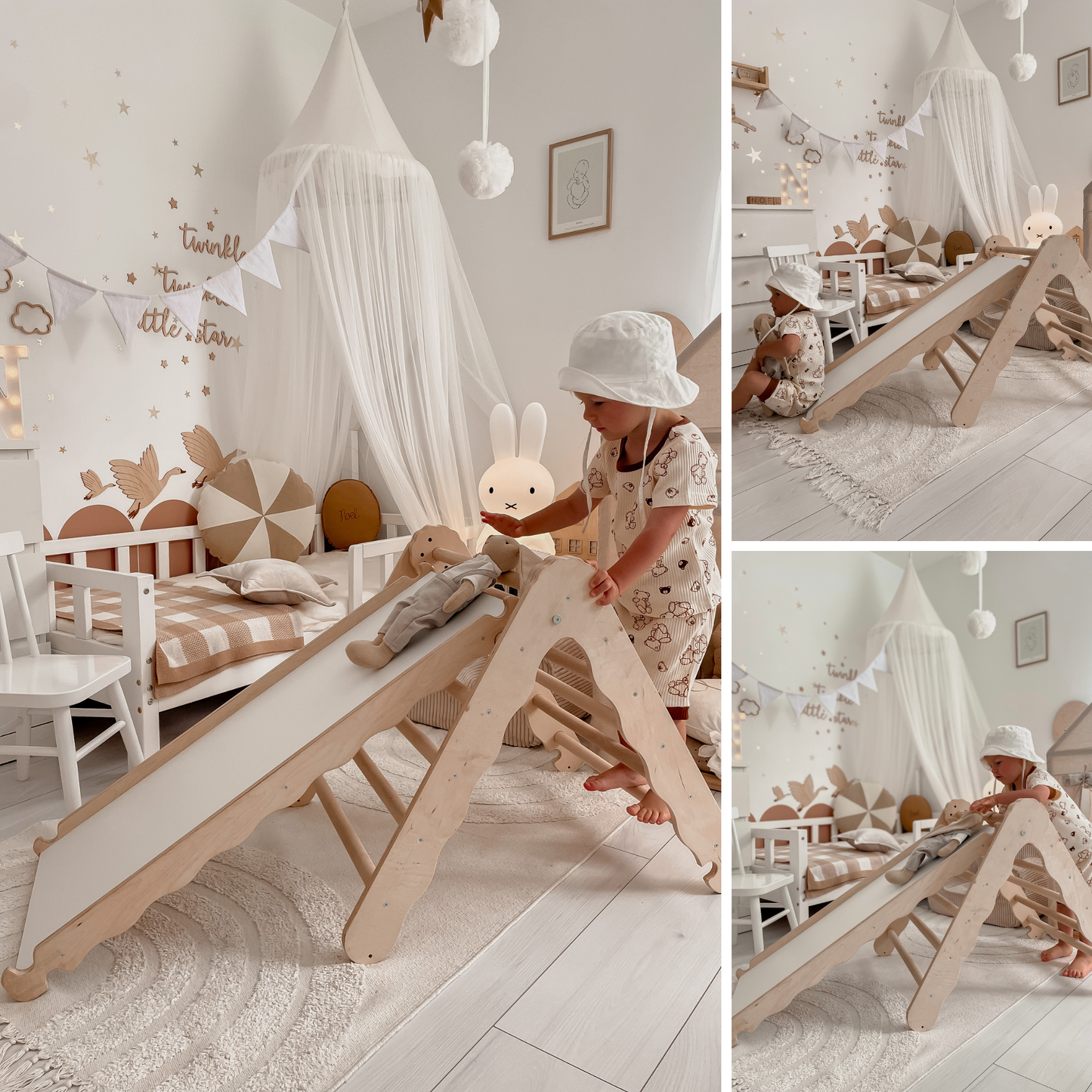 MAMOI® Klettergerüst indoor, Kletterdreieck mit rutsche holz, Baby kinder klettern, Kletterturm rutschbrett, Kletterbogen kinderrutsche, Regenbogenwippe, Montessori spielzeug ab 1 jahr 2/3 jahre-4