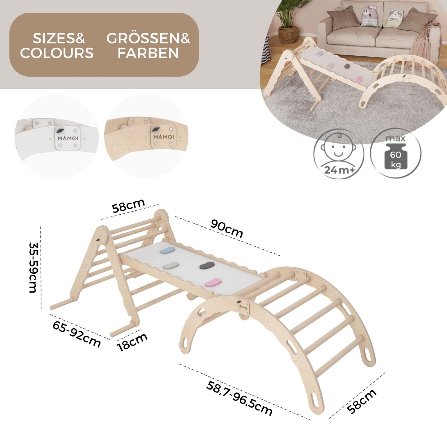 MAMOI® Set Klettergerüst indoor, Kletterdreieck mit rutsche aus holz, Kletterbogen, Baby kinder klettern, Regenbogenwippe mit Rutschbrett, Holzbogen für Spielplatz ab 1/2/3 jahre, Montessori-3