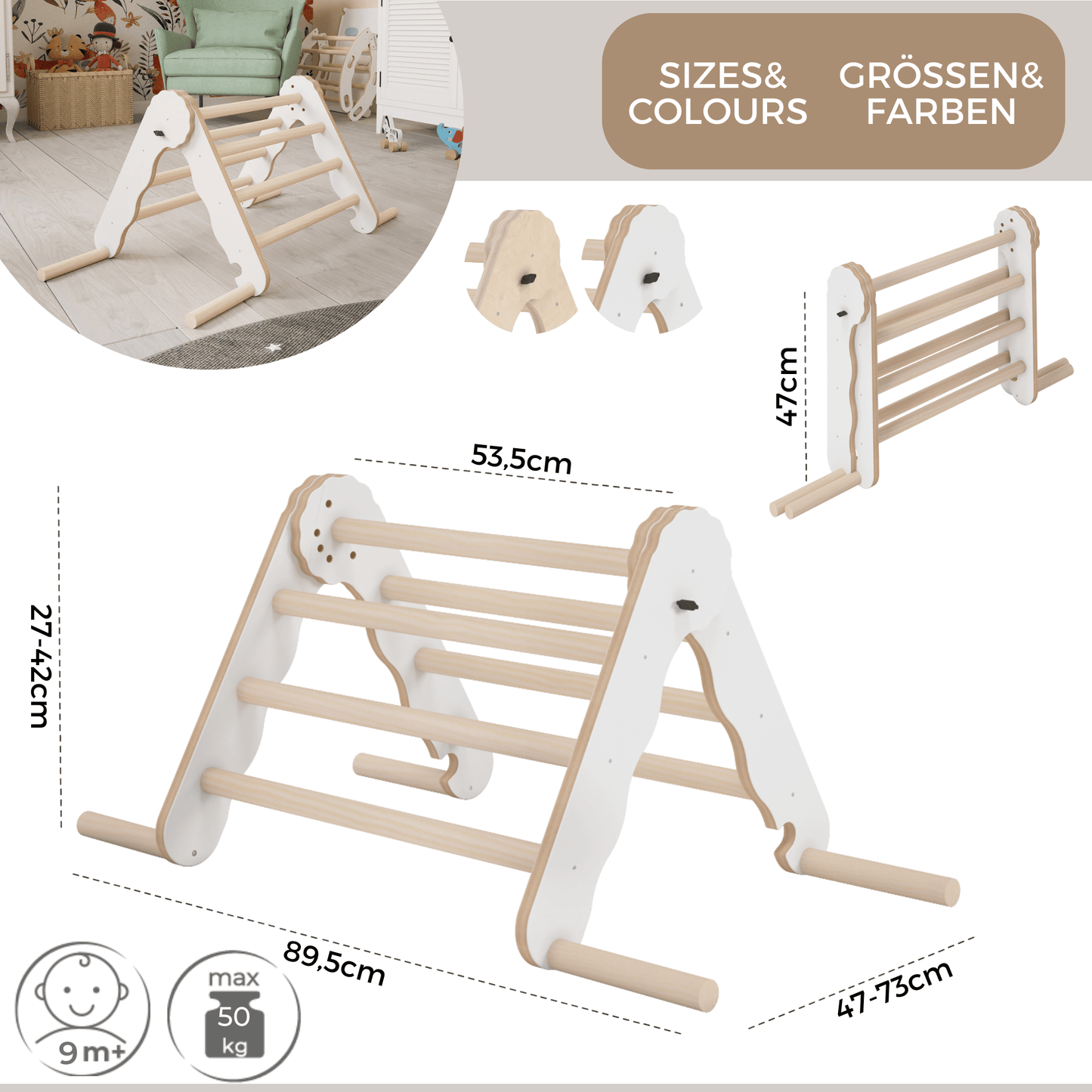 MAMOI® Klettergerüst indoor, Kletterdreieck aus holz, Baby kinder klettern, Kletterturm, Kletterbogen, Regenbogenwippe, Montessori spielzeug ab 1 jahr 2/3 jahre-2