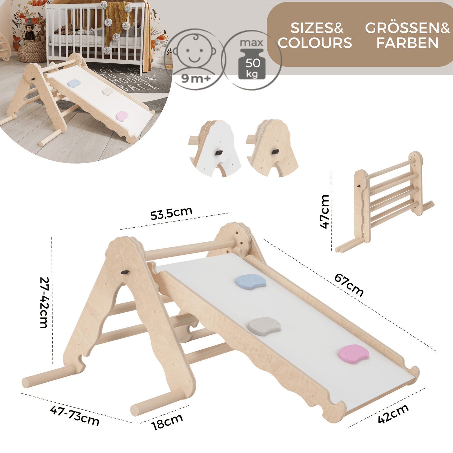 MAMOI® Klettergerüst indoor, Kletterdreieck mit rutsche holz, Baby kinder klettern, Kletterturm rutschbrett, Kletterbogen kinderrutsche, Regenbogenwippe, Montessori spielzeug ab 1 jahr 2/3 jahre-3