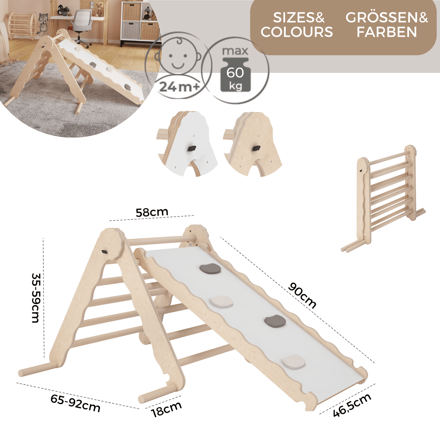 MAMOI® Klettergerüst indoor, Kletterdreieck mit rutsche holz, Baby kinder klettern, Kletterturm rutschbrett, Kletterbogen kinderrutsche, Regenbogenwippe, Montessori spielzeug ab 1 jahr 2/3 jahre-3