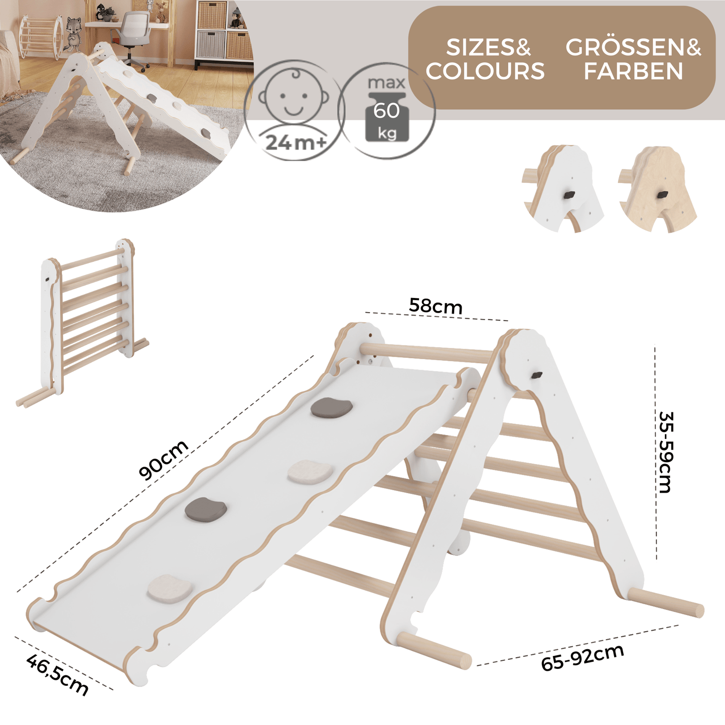 MAMOI® Klettergerüst indoor, Kletterdreieck mit rutsche holz, Baby kinder klettern, Kletterturm rutschbrett, Kletterbogen kinderrutsche, Regenbogenwippe, Montessori spielzeug ab 1 jahr 2/3 jahre-3