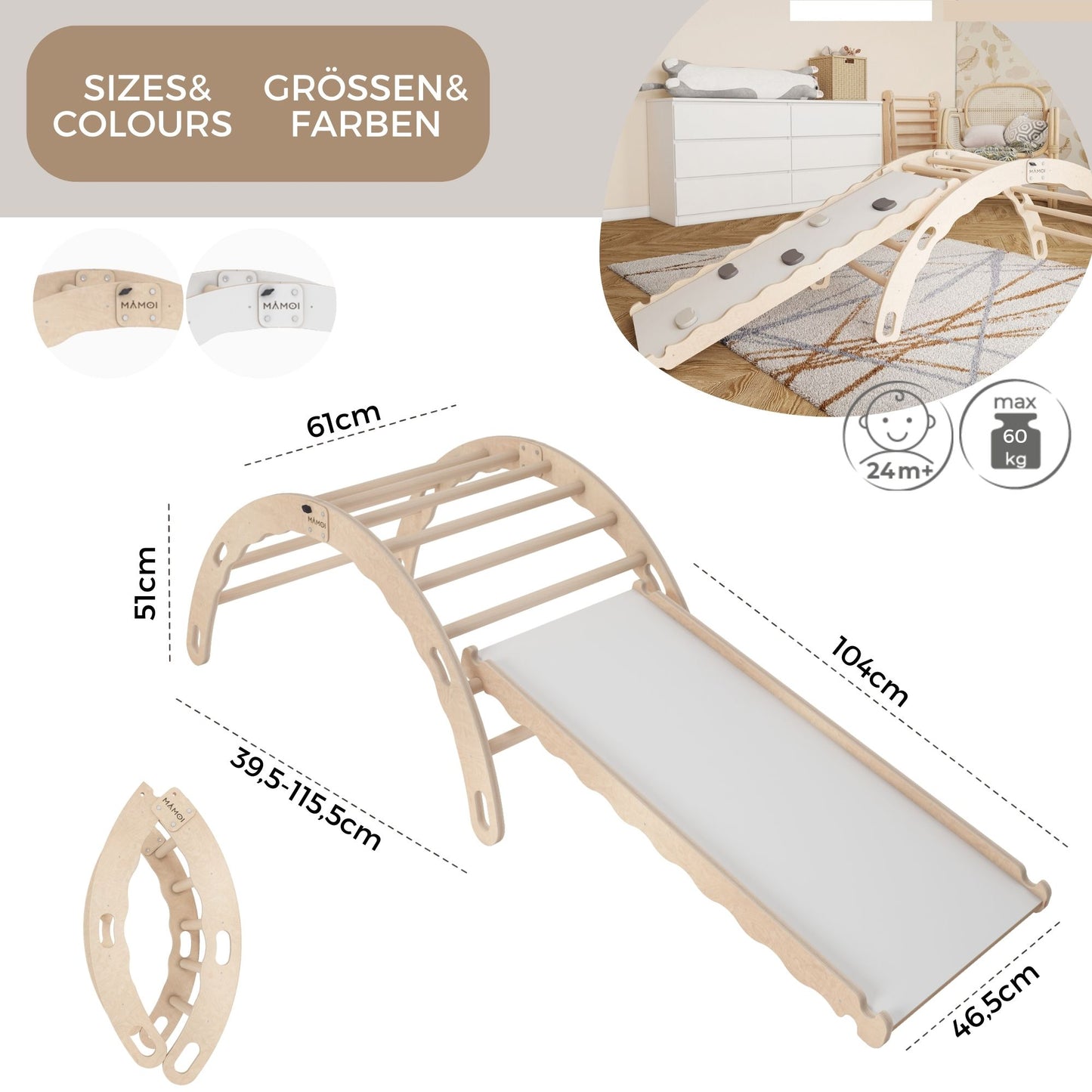 MAMOI® Kletterbogen mit rutsche, Kletterdreieck, Baby klettern, Regenbogenwippe aus holz, Holzbogen für Kinder, Rutschbrett für spielplatz, Klettergerüst indoor ab 1 jahr 2/3 jahre, Montessori-3