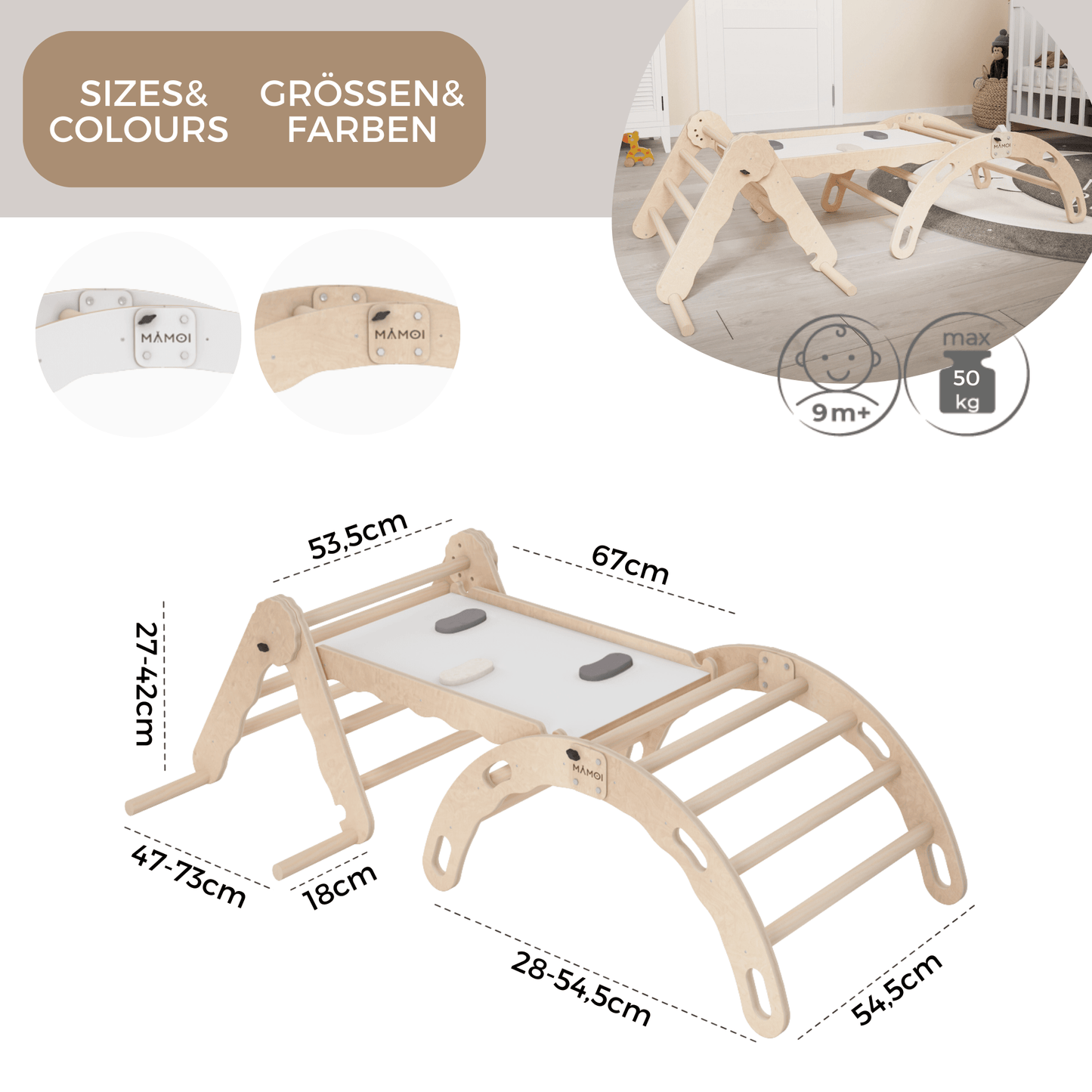 MAMOI® Set Klettergerüst indoor, Kletterdreieck mit rutsche aus holz, Kletterbogen, Baby kinder klettern, Regenbogenwippe mit Rutschbrett, Holzbogen für Spielplatz ab 1/2/3 jahre, Montessori-3