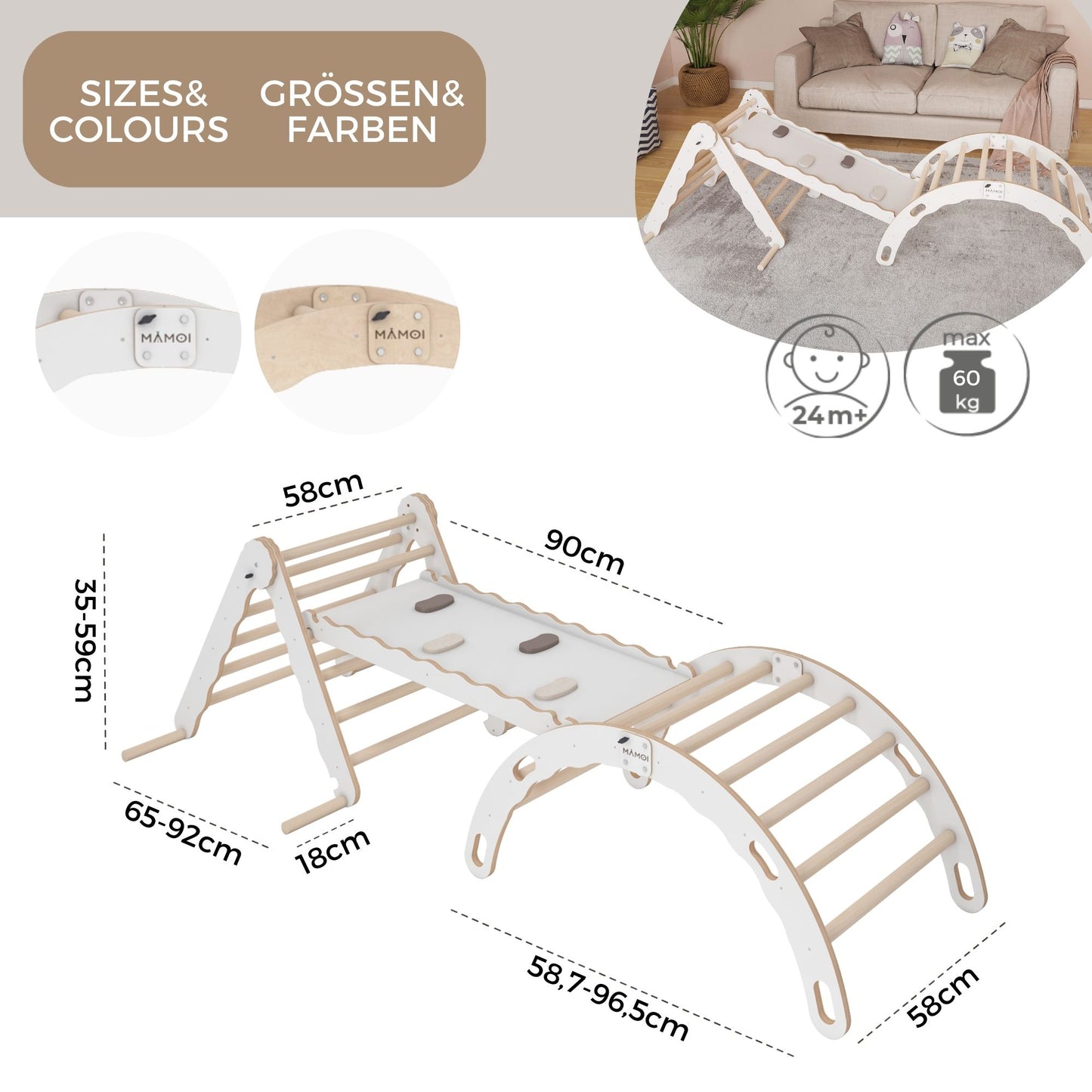 MAMOI® Set Klettergerüst indoor, Kletterdreieck mit rutsche aus holz, Kletterbogen, Baby kinder klettern, Regenbogenwippe mit Rutschbrett, Holzbogen für Spielplatz ab 1/2/3 jahre, Montessori-3
