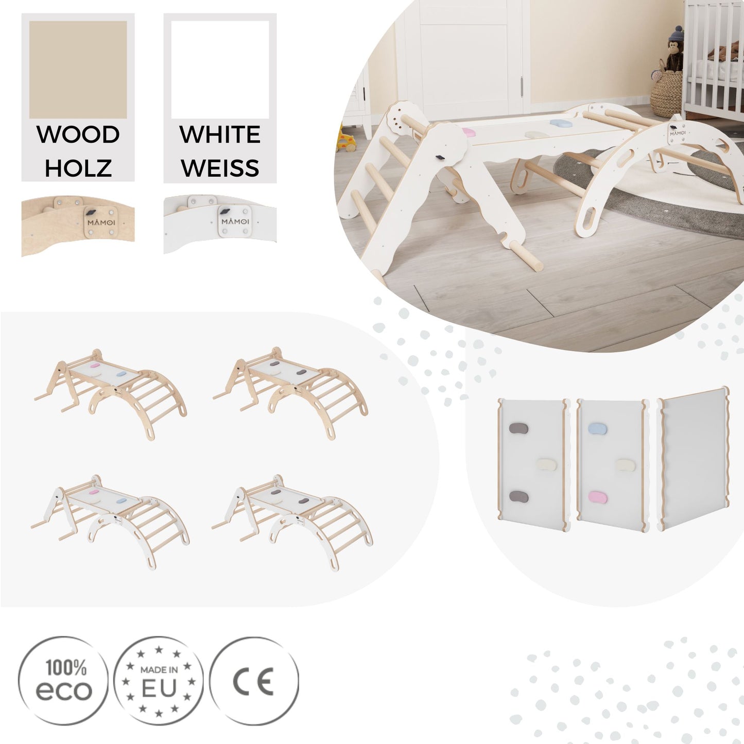 MAMOI® Set Klettergerüst indoor, Kletterdreieck mit rutsche aus holz, Kletterbogen, Baby kinder klettern, Regenbogenwippe mit Rutschbrett, Holzbogen für Spielplatz ab 1/2/3 jahre, Montessori-5