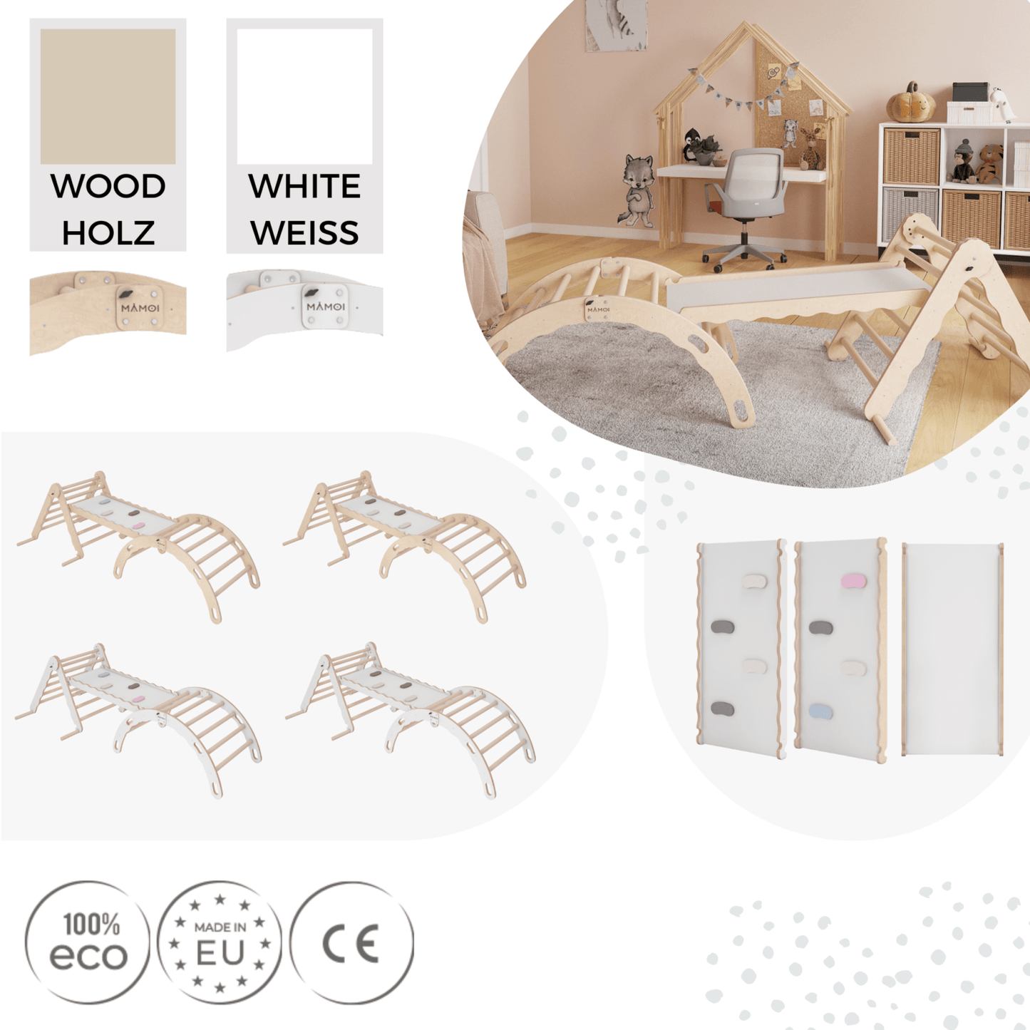 MAMOI® Set Klettergerüst indoor, Kletterdreieck mit rutsche aus holz, Kletterbogen, Baby kinder klettern, Regenbogenwippe mit Rutschbrett, Holzbogen für Spielplatz ab 1/2/3 jahre, Montessori-4