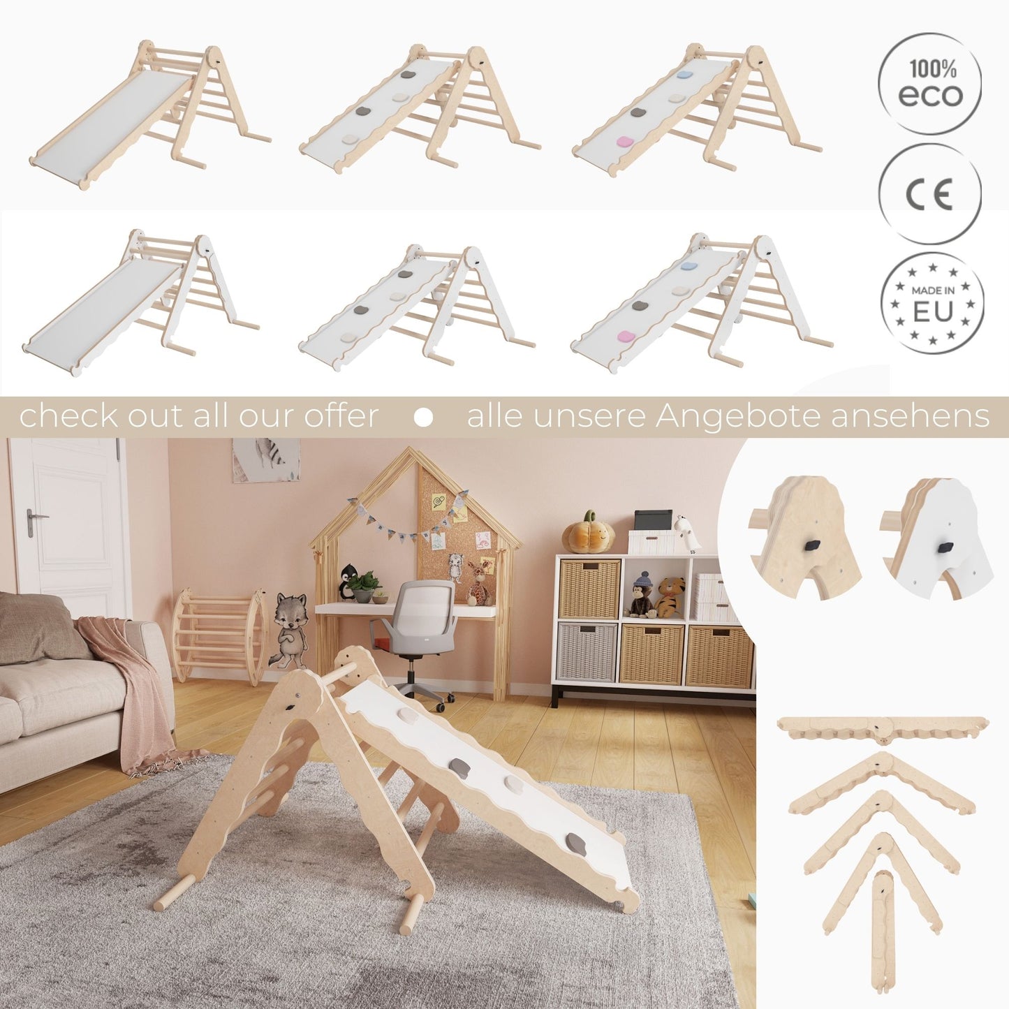 MAMOI® Klettergerüst indoor, Kletterdreieck mit rutsche holz, Baby kinder klettern, Kletterturm rutschbrett, Kletterbogen kinderrutsche, Regenbogenwippe, Montessori spielzeug ab 1 jahr 2/3 jahre-6