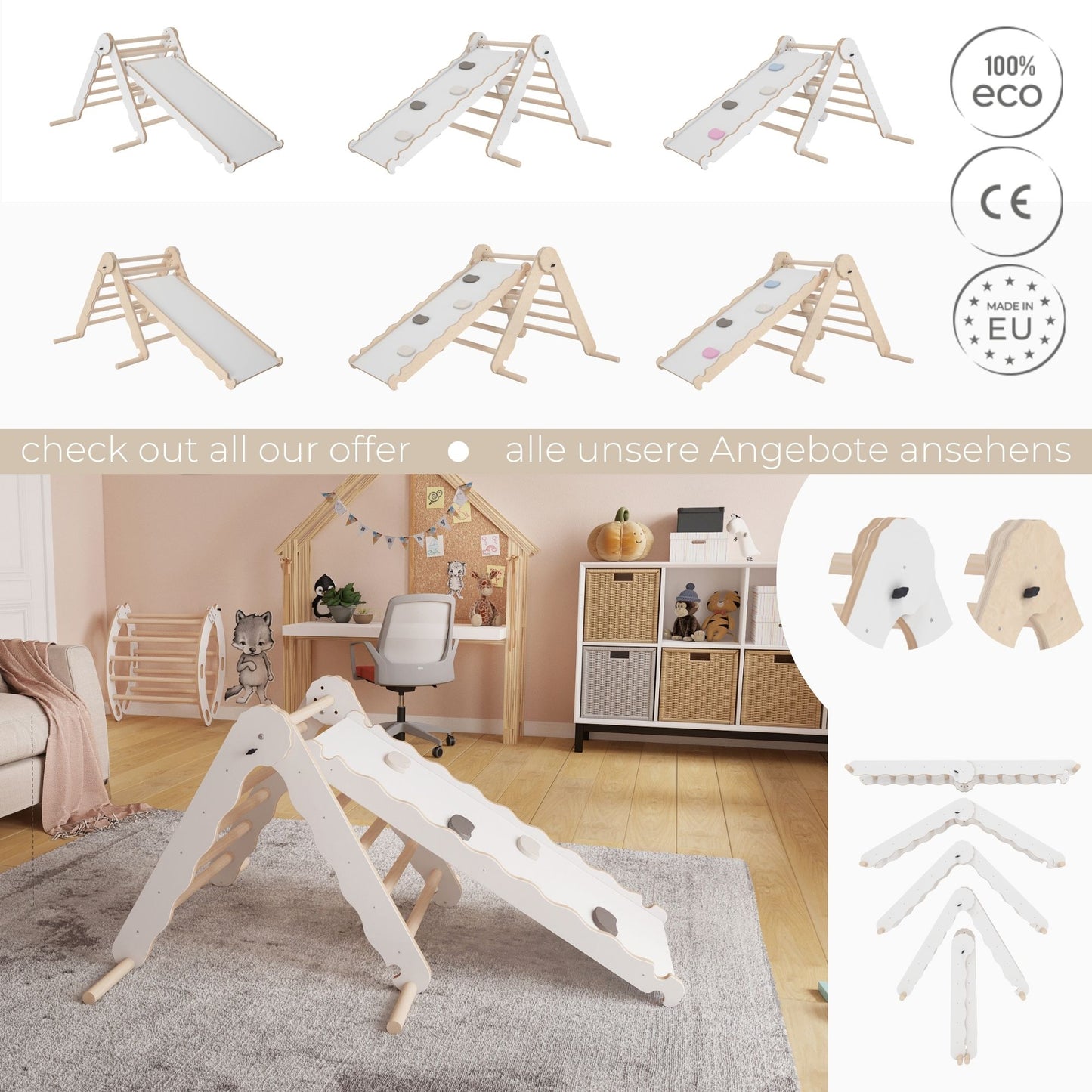 MAMOI® Klettergerüst indoor, Kletterdreieck mit rutsche holz, Baby kinder klettern, Kletterturm rutschbrett, Kletterbogen kinderrutsche, Regenbogenwippe, Montessori spielzeug ab 1 jahr 2/3 jahre-4