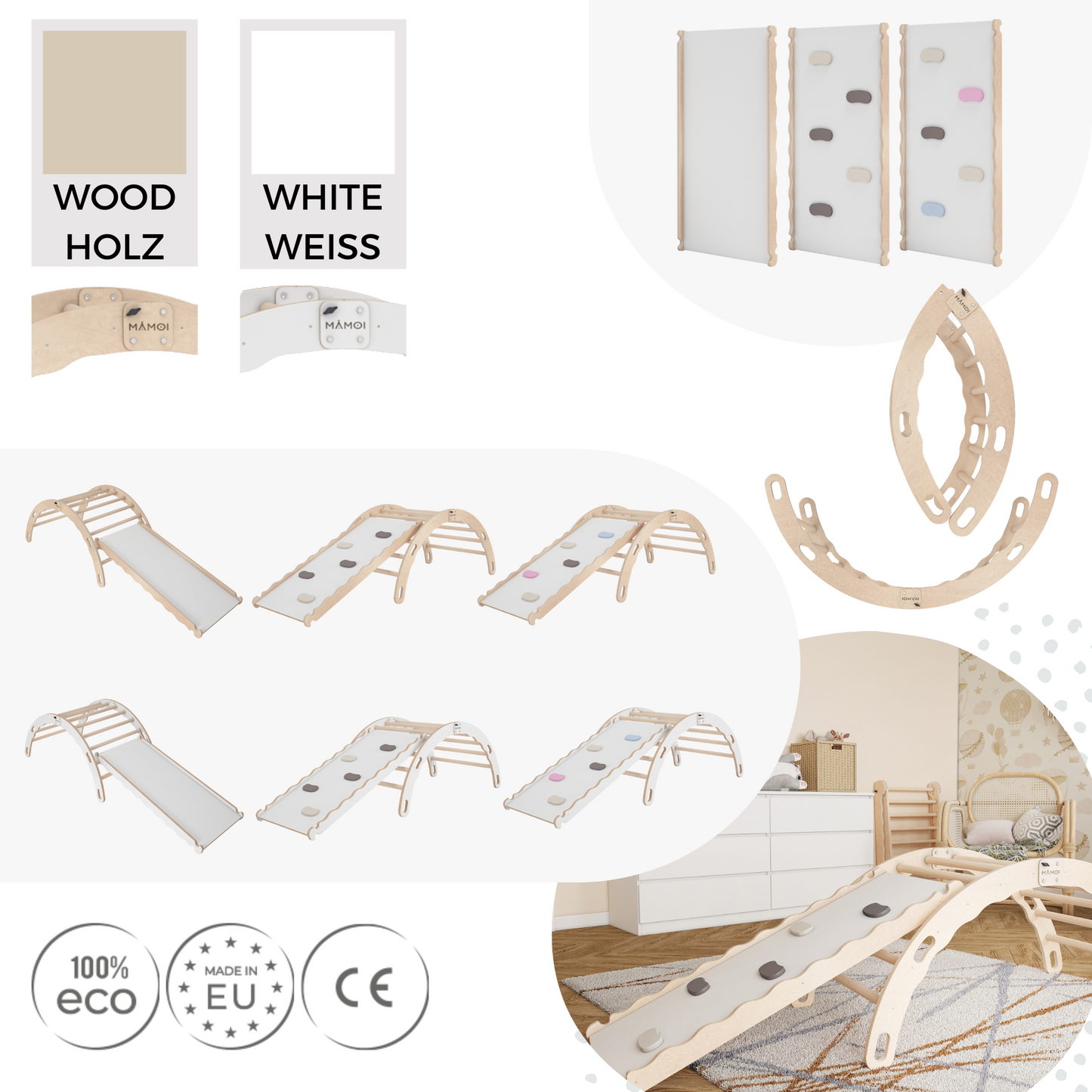 MAMOI® Kletterbogen mit rutsche, Kletterdreieck, Baby klettern, Regenbogenwippe aus holz, Holzbogen für Kinder, Rutschbrett für spielplatz, Klettergerüst indoor ab 1 jahr 2/3 jahre, Montessori-4