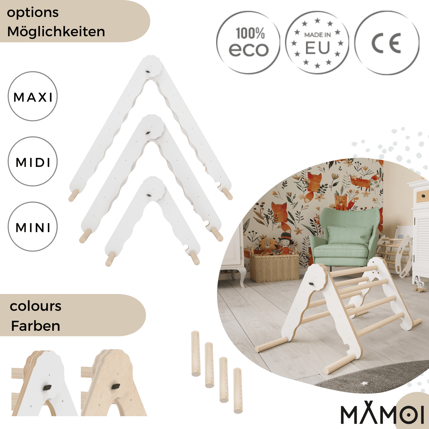 MAMOI® Klettergerüst indoor, Kletterdreieck aus holz, Baby kinder klettern, Kletterturm, Kletterbogen, Regenbogenwippe, Montessori spielzeug ab 1 jahr 2/3 jahre-3