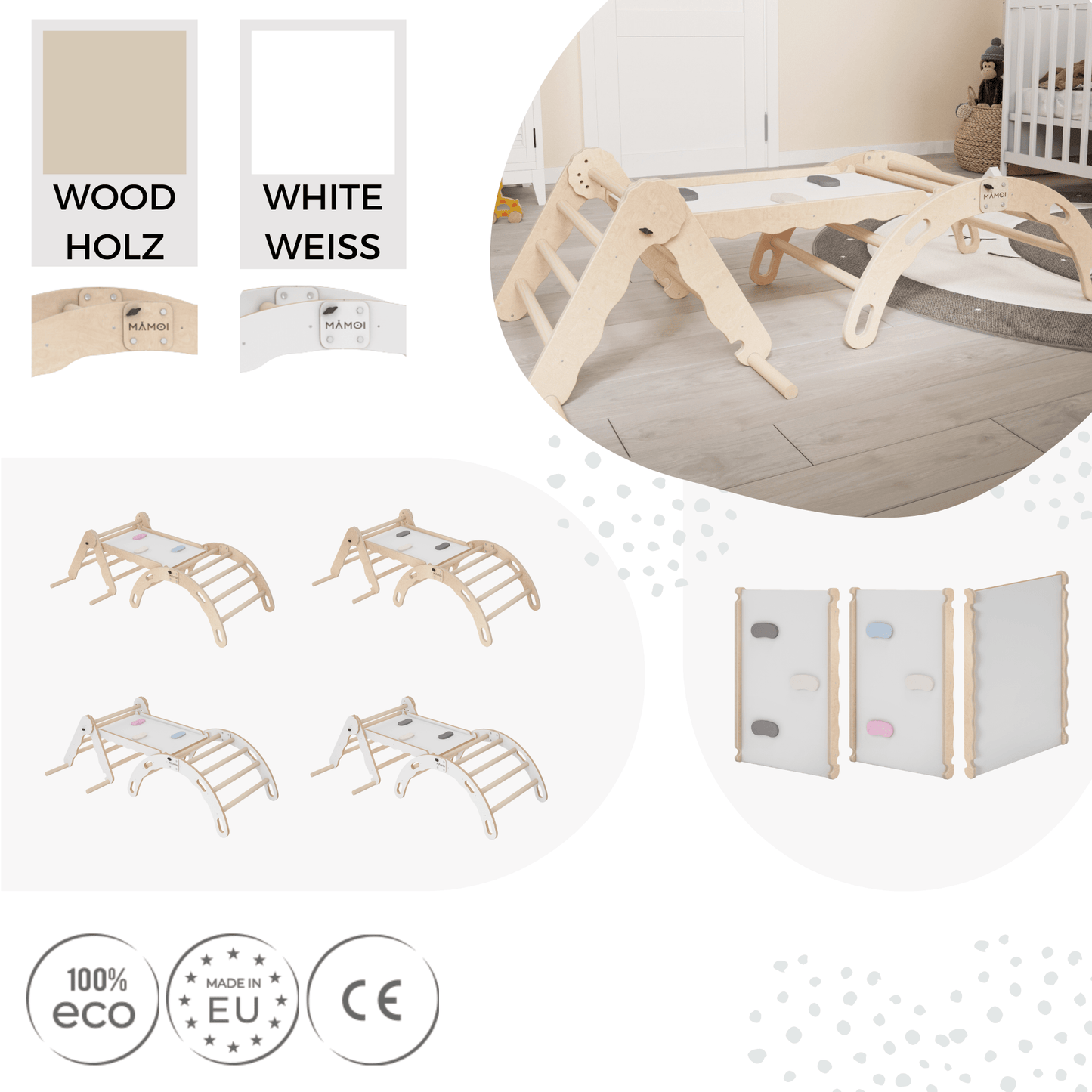 MAMOI® Set Klettergerüst indoor, Kletterdreieck mit rutsche aus holz, Kletterbogen, Baby kinder klettern, Regenbogenwippe mit Rutschbrett, Holzbogen für Spielplatz ab 1/2/3 jahre, Montessori-4