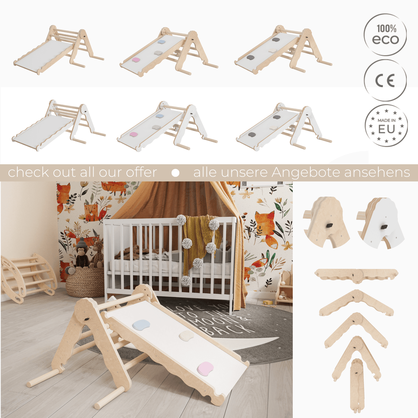 MAMOI® Klettergerüst indoor, Kletterdreieck mit rutsche holz, Baby kinder klettern, Kletterturm rutschbrett, Kletterbogen kinderrutsche, Regenbogenwippe, Montessori spielzeug ab 1 jahr 2/3 jahre-4