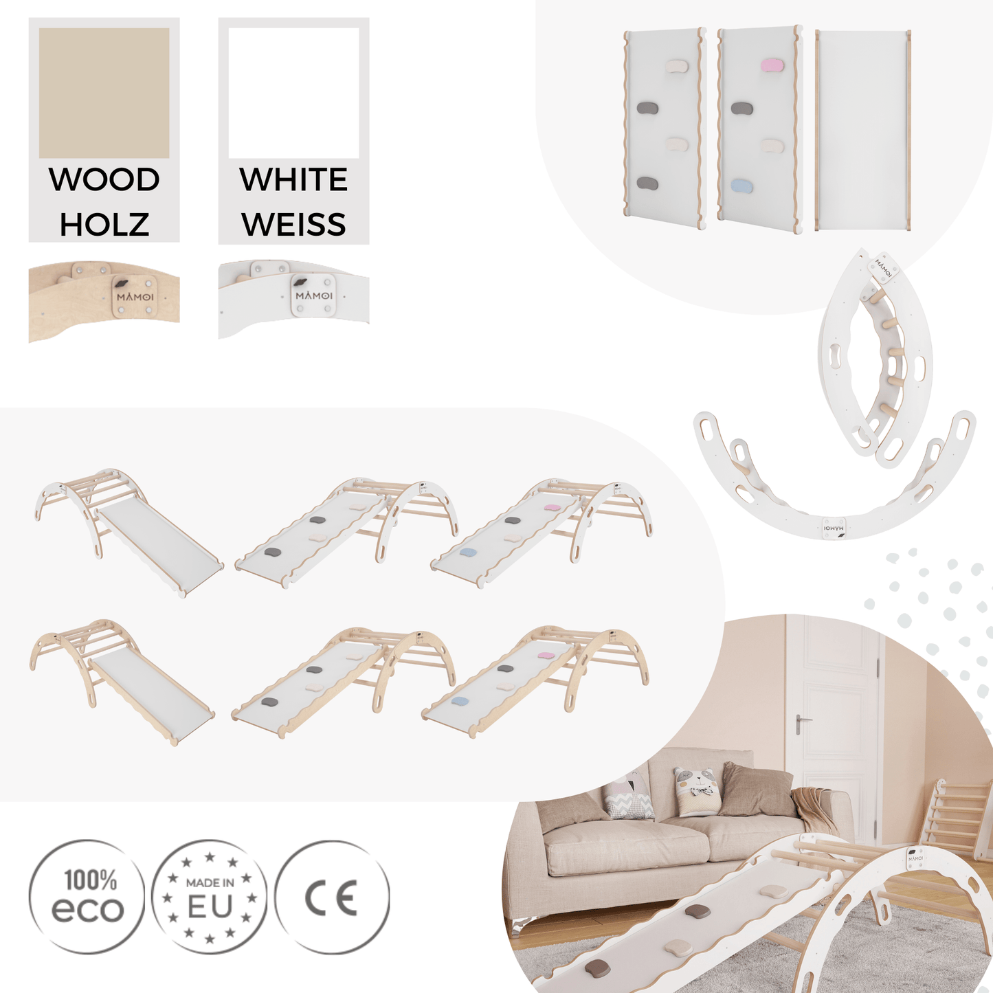 MAMOI® Kletterbogen mit rutsche, Kletterdreieck, Baby klettern, Regenbogenwippe aus holz, Holzbogen für Kinder, Rutschbrett für spielplatz, Klettergerüst indoor ab 1 jahr 2/3 jahre, Montessori-5