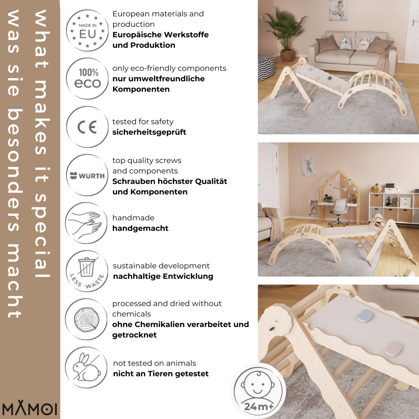 MAMOI® Set Klettergerüst indoor, Kletterdreieck mit rutsche aus holz, Kletterbogen, Baby kinder klettern, Regenbogenwippe mit Rutschbrett, Holzbogen für Spielplatz ab 1/2/3 jahre, Montessori-5