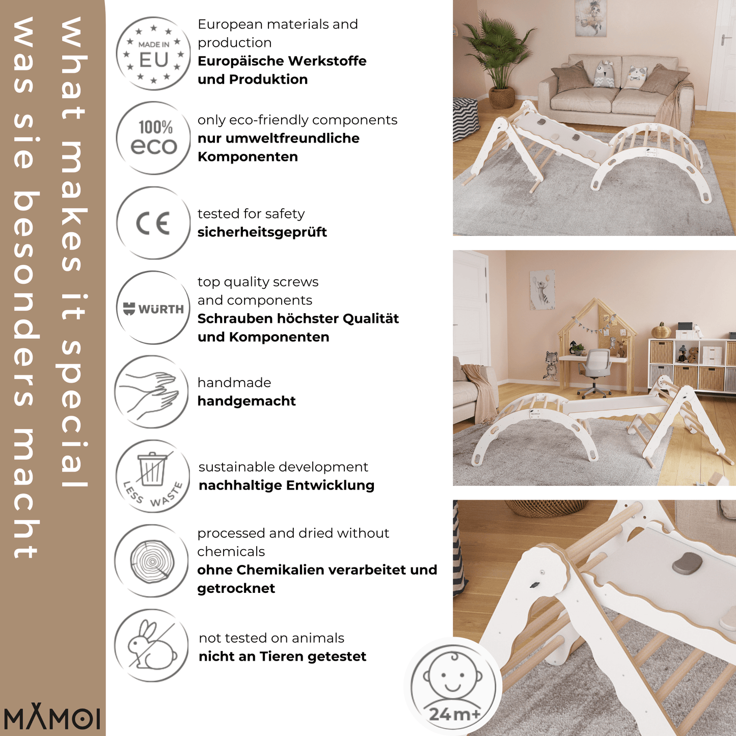 MAMOI® Set Klettergerüst indoor, Kletterdreieck mit rutsche aus holz, Kletterbogen, Baby kinder klettern, Regenbogenwippe mit Rutschbrett, Holzbogen für Spielplatz ab 1/2/3 jahre, Montessori-4