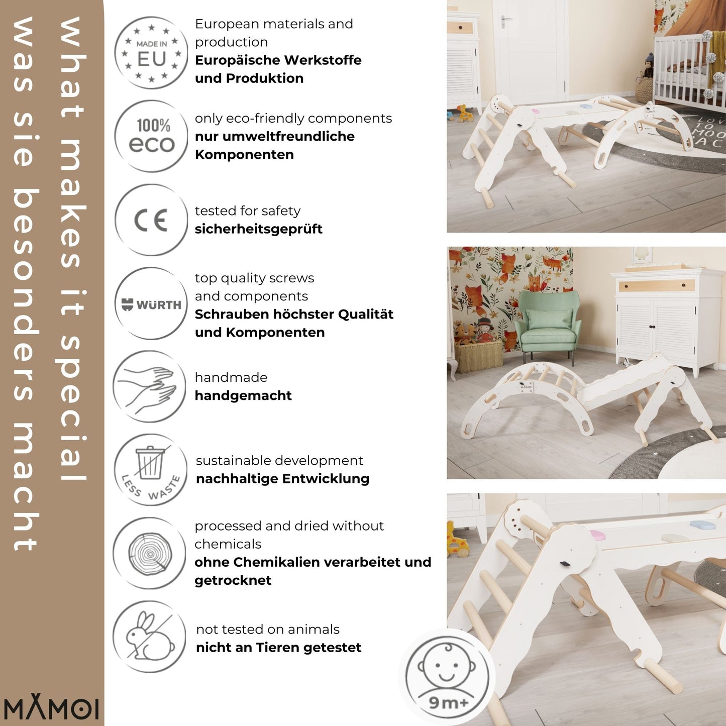 MAMOI® Set Klettergerüst indoor, Kletterdreieck mit rutsche aus holz, Kletterbogen, Baby kinder klettern, Regenbogenwippe mit Rutschbrett, Holzbogen für Spielplatz ab 1/2/3 jahre, Montessori-4