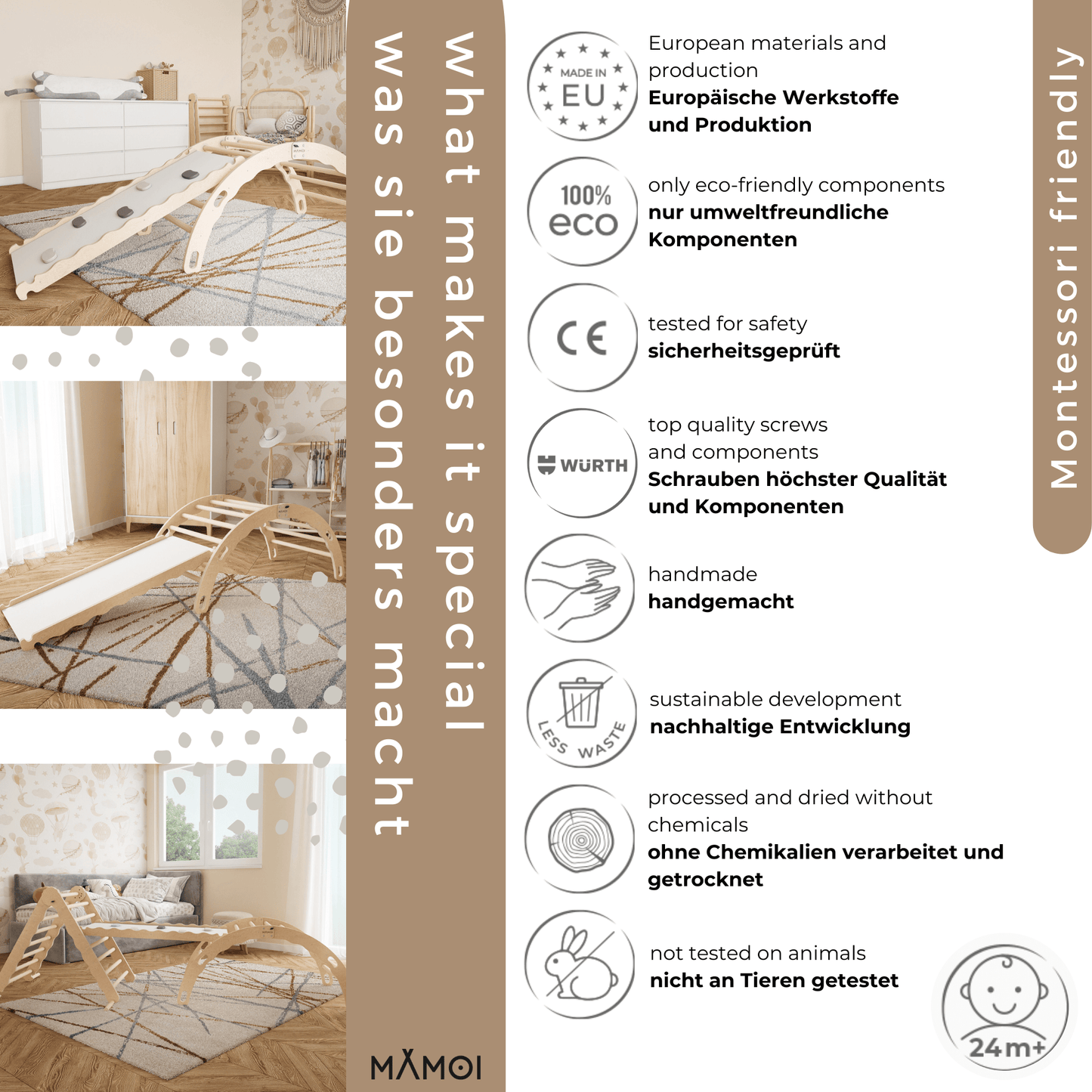 MAMOI® Kletterbogen mit rutsche, Kletterdreieck, Baby klettern, Regenbogenwippe aus holz, Holzbogen für Kinder, Rutschbrett für spielplatz, Klettergerüst indoor ab 1 jahr 2/3 jahre, Montessori-5