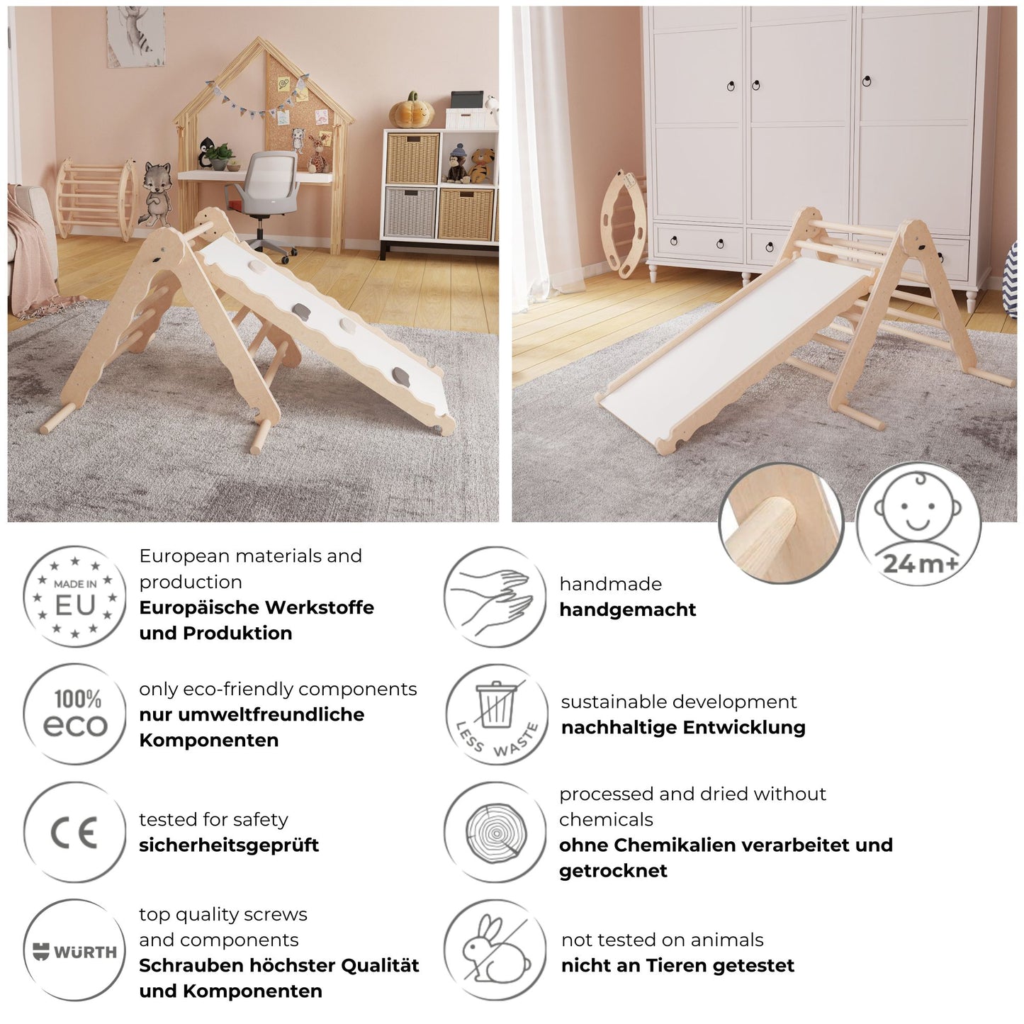 MAMOI® Klettergerüst indoor, Kletterdreieck mit rutsche holz, Baby kinder klettern, Kletterturm rutschbrett, Kletterbogen kinderrutsche, Regenbogenwippe, Montessori spielzeug ab 1 jahr 2/3 jahre-5
