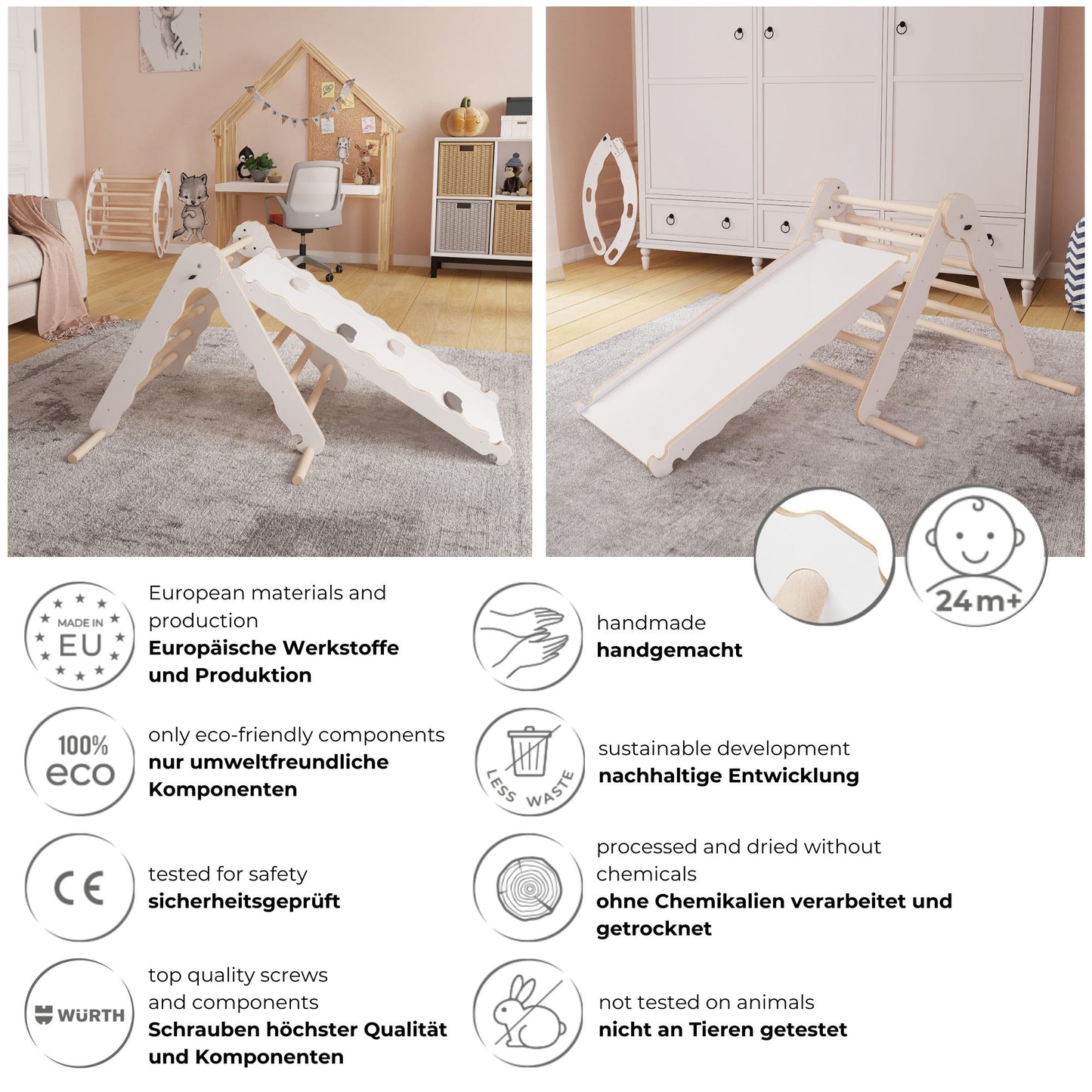 MAMOI® Klettergerüst indoor, Kletterdreieck mit rutsche holz, Baby kinder klettern, Kletterturm rutschbrett, Kletterbogen kinderrutsche, Regenbogenwippe, Montessori spielzeug ab 1 jahr 2/3 jahre-5