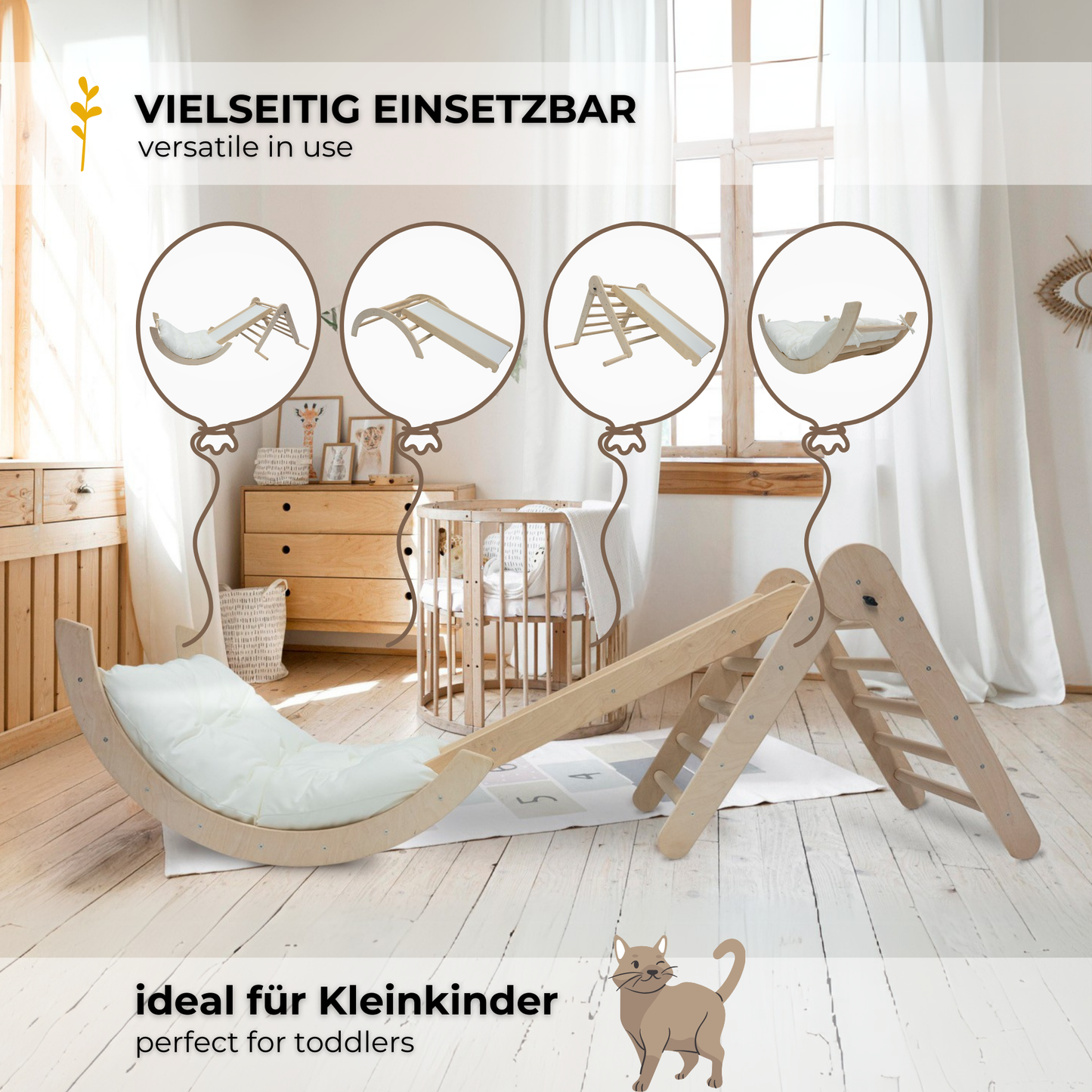 MAMOI® Klettergerüst Kletterdreieck Indoor 4 in 1 SET. Montessori Kletterbogen mit Kissen, Indoor Spielplatz 1-3 Jahre und Rutsche für Kinder.-2