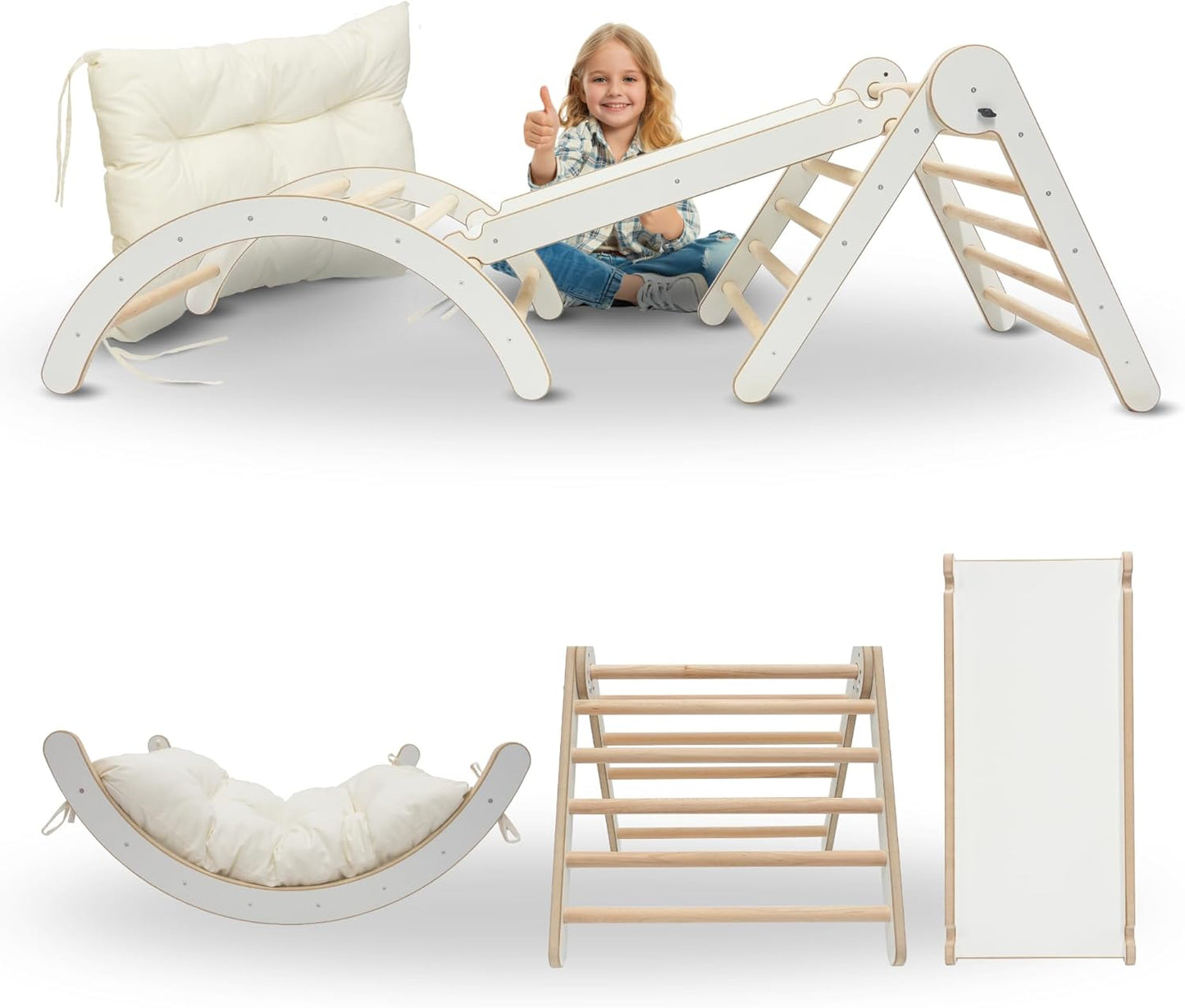 MAMOI® Klettergerüst Kletterdreieck Indoor 4 in 1 SET. Montessori Kletterbogen mit Kissen, Indoor Spielplatz 1-3 Jahre und Rutsche für Kinder.-0