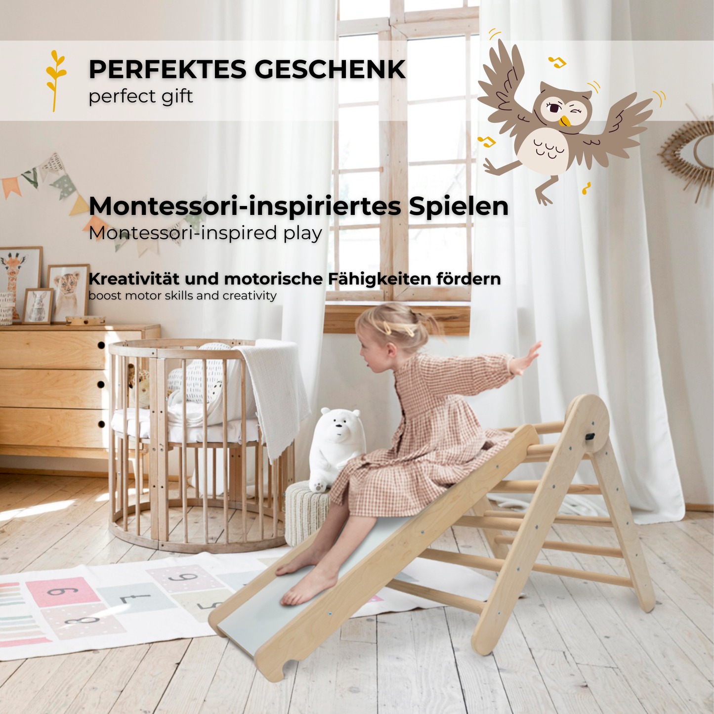 MAMOI® Klettergerüst Kletterdreieck Indoor 4 in 1 SET. Montessori Kletterbogen mit Kissen, Indoor Spielplatz 1-3 Jahre und Rutsche für Kinder.-4