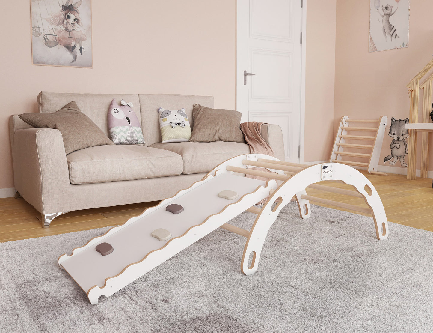 MAMOI® Kletterbogen mit rutsche, Kletterdreieck, Baby klettern, Regenbogenwippe aus holz, Holzbogen für Kinder, Rutschbrett für spielplatz, Klettergerüst indoor ab 1 jahr 2/3 jahre, Montessori-1