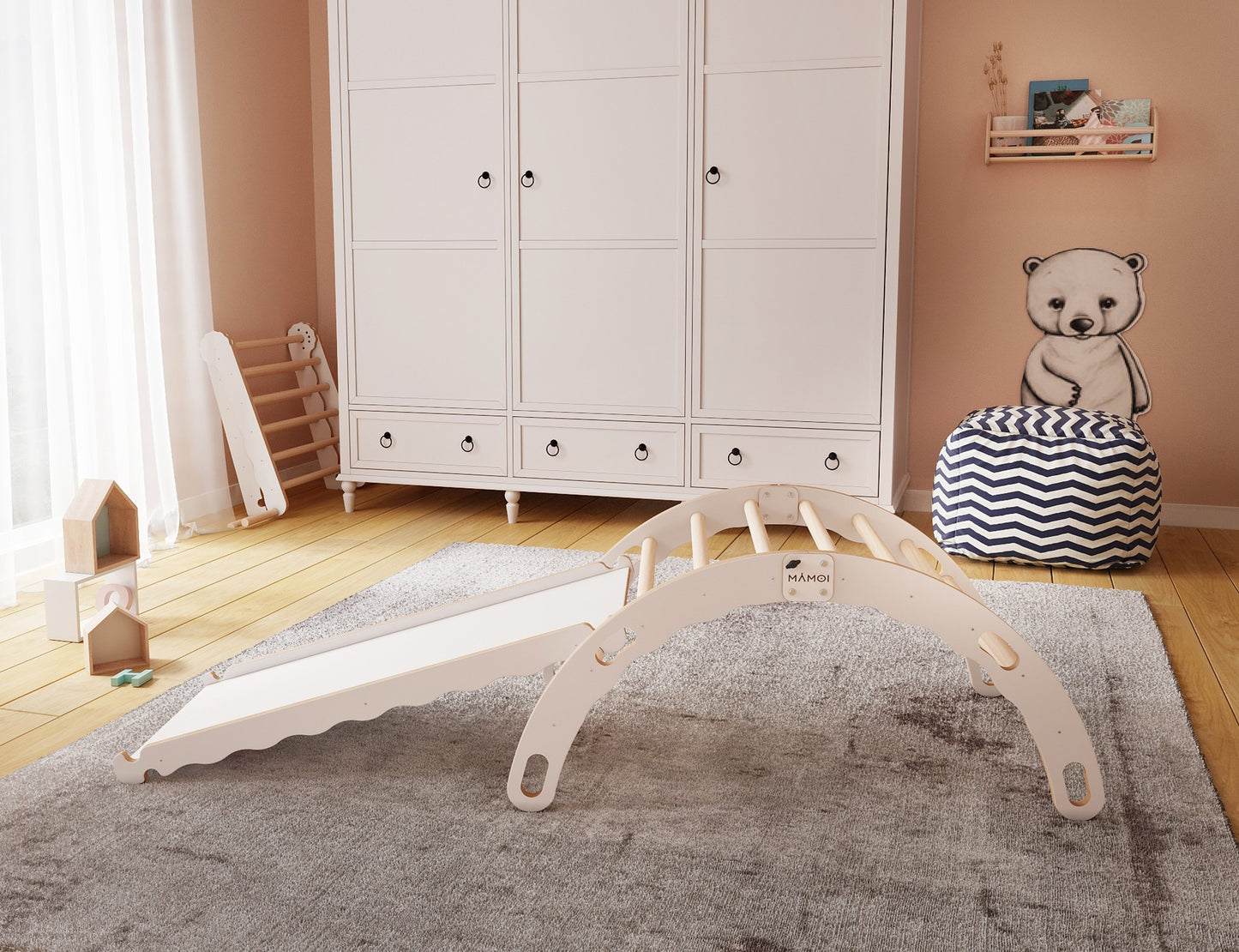MAMOI® Kletterbogen mit rutsche, Kletterdreieck, Baby klettern, Regenbogenwippe aus holz, Holzbogen für Kinder, Rutschbrett für spielplatz, Klettergerüst indoor ab 1 jahr 2/3 jahre, Montessori-2