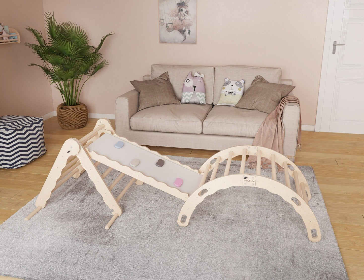 MAMOI® Set Klettergerüst indoor, Kletterdreieck mit rutsche aus holz, Kletterbogen, Baby kinder klettern, Regenbogenwippe mit Rutschbrett, Holzbogen für Spielplatz ab 1/2/3 jahre, Montessori-1