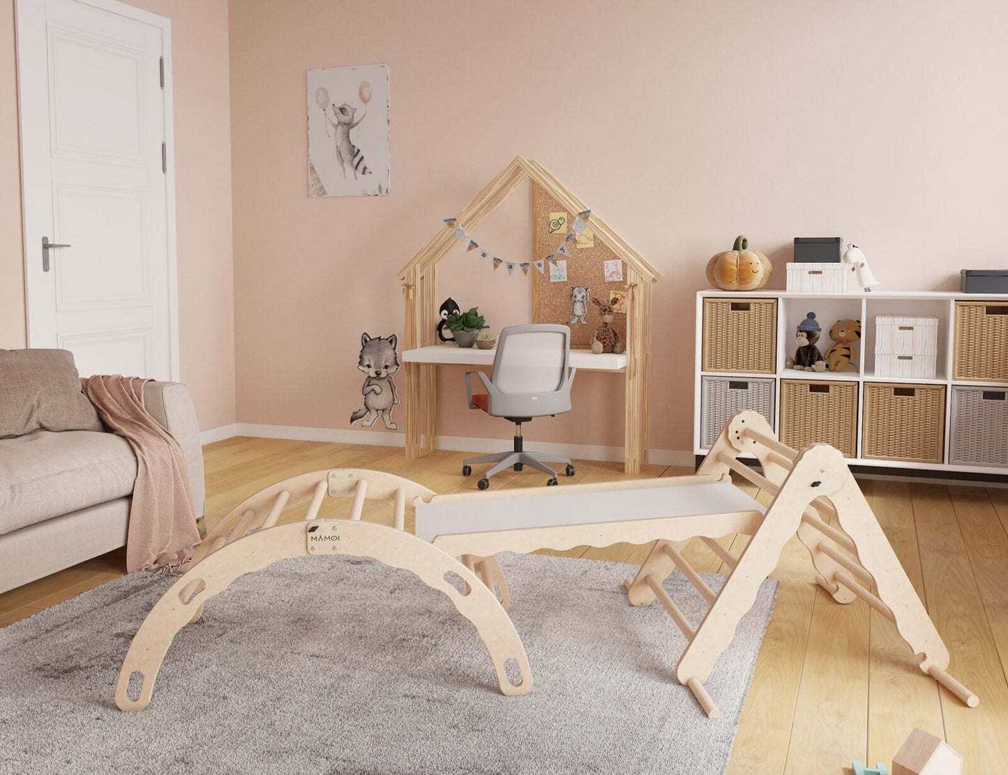 MAMOI® Set Klettergerüst indoor, Kletterdreieck mit rutsche aus holz, Kletterbogen, Baby kinder klettern, Regenbogenwippe mit Rutschbrett, Holzbogen für Spielplatz ab 1/2/3 jahre, Montessori-2