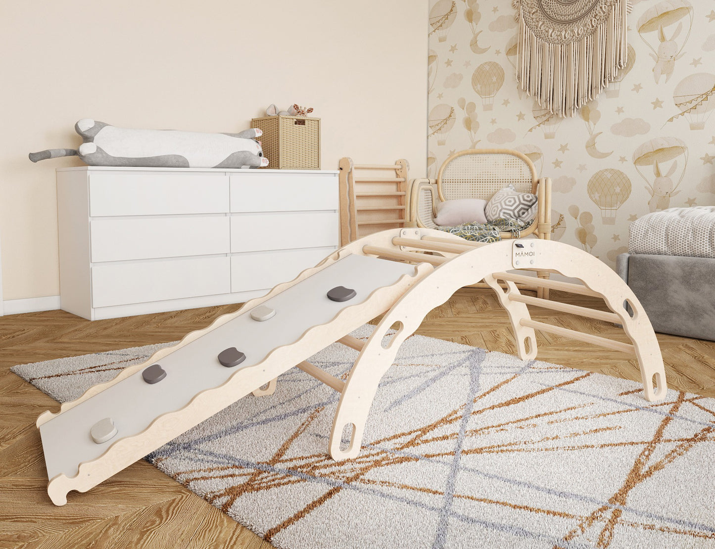 MAMOI® Kletterbogen mit rutsche, Kletterdreieck, Baby klettern, Regenbogenwippe aus holz, Holzbogen für Kinder, Rutschbrett für spielplatz, Klettergerüst indoor ab 1 jahr 2/3 jahre, Montessori-1