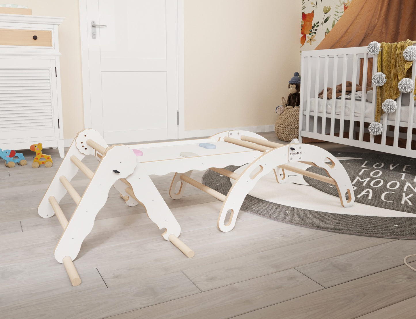 MAMOI® Set Klettergerüst indoor, Kletterdreieck mit rutsche aus holz, Kletterbogen, Baby kinder klettern, Regenbogenwippe mit Rutschbrett, Holzbogen für Spielplatz ab 1/2/3 jahre, Montessori-1