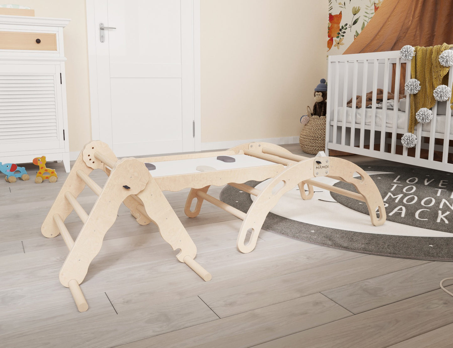 MAMOI® Set Klettergerüst indoor, Kletterdreieck mit rutsche aus holz, Kletterbogen, Baby kinder klettern, Regenbogenwippe mit Rutschbrett, Holzbogen für Spielplatz ab 1/2/3 jahre, Montessori-1