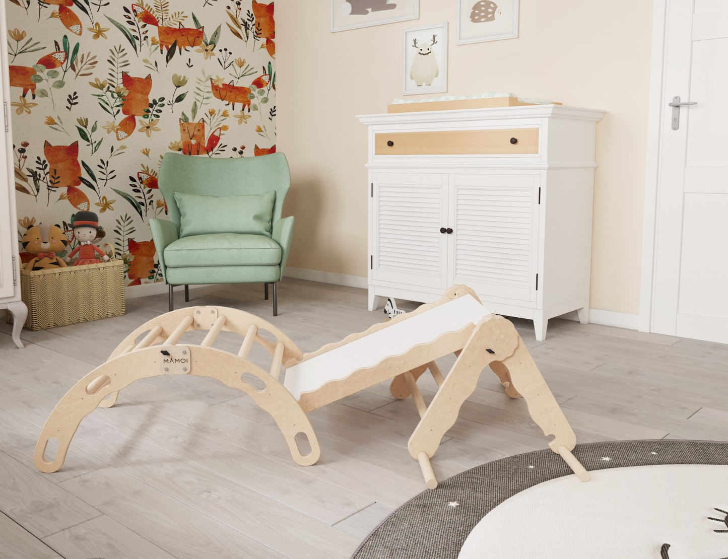MAMOI® Set Klettergerüst indoor, Kletterdreieck mit rutsche aus holz, Kletterbogen, Baby kinder klettern, Regenbogenwippe mit Rutschbrett, Holzbogen für Spielplatz ab 1/2/3 jahre, Montessori-2