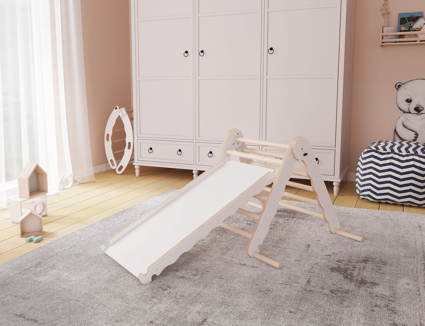 MAMOI® Klettergerüst indoor, Kletterdreieck mit rutsche holz, Baby kinder klettern, Kletterturm rutschbrett, Kletterbogen kinderrutsche, Regenbogenwippe, Montessori spielzeug ab 1 jahr 2/3 jahre-2