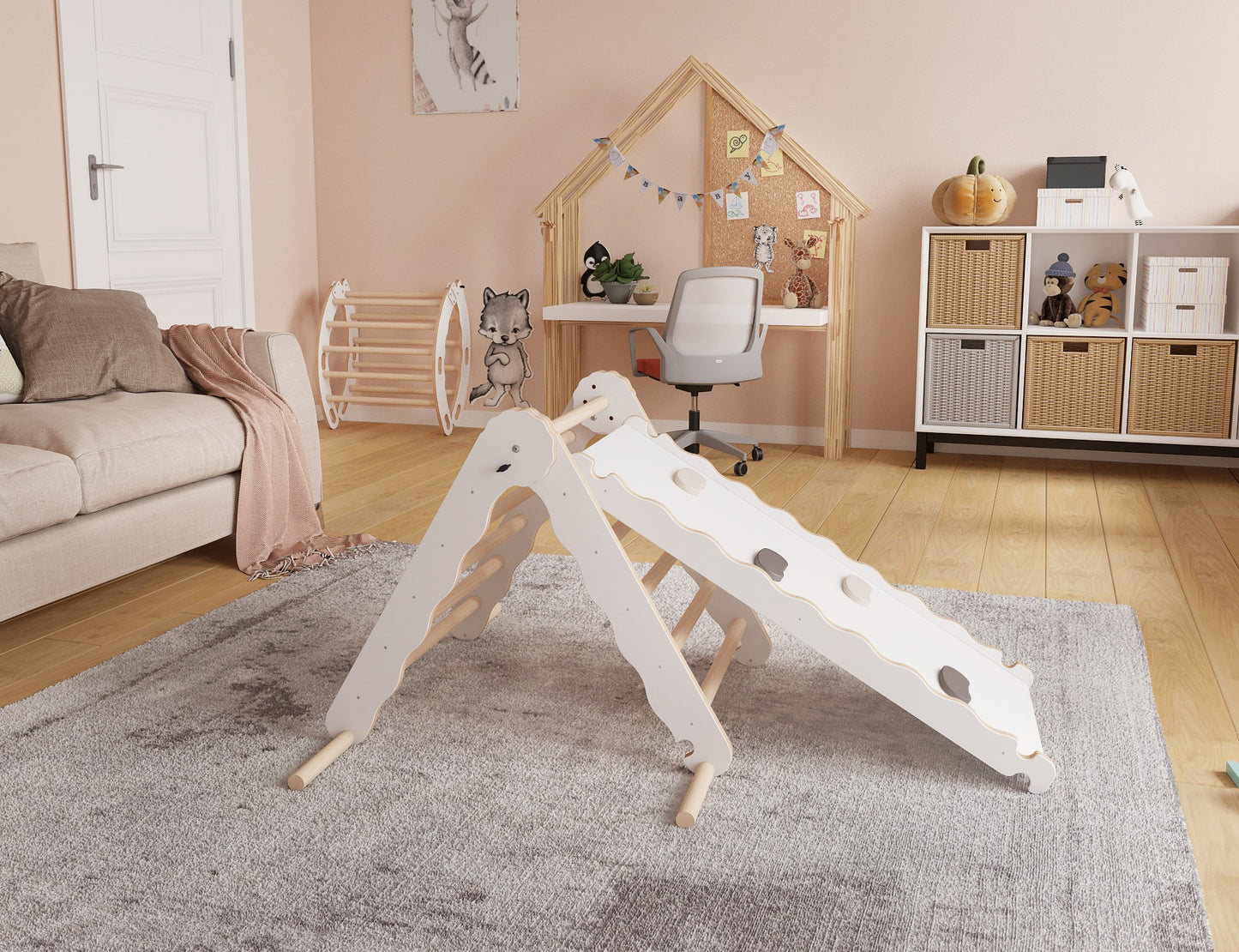 MAMOI® Klettergerüst indoor, Kletterdreieck mit rutsche holz, Baby kinder klettern, Kletterturm rutschbrett, Kletterbogen kinderrutsche, Regenbogenwippe, Montessori spielzeug ab 1 jahr 2/3 jahre-1