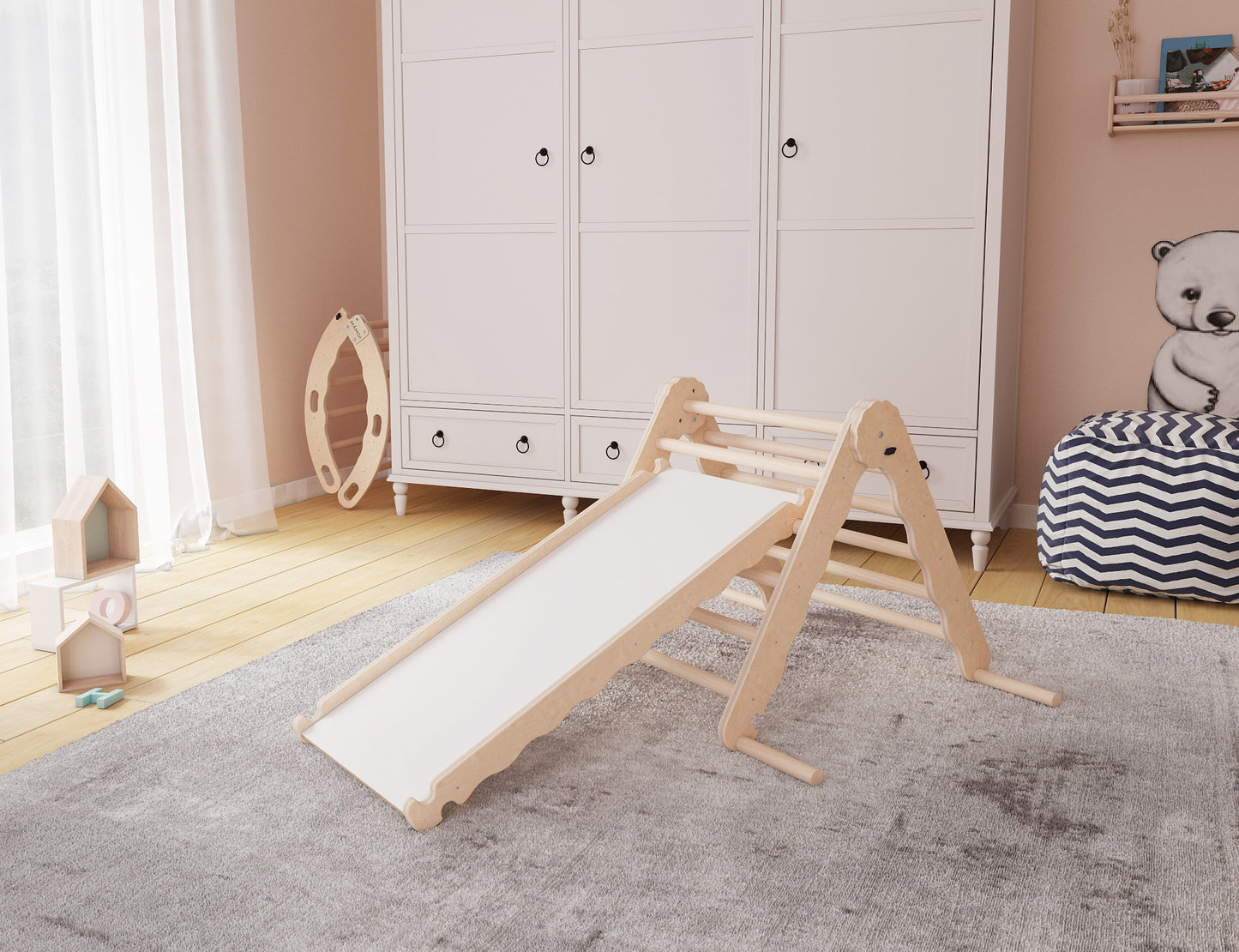 MAMOI® Klettergerüst indoor, Kletterdreieck mit rutsche holz, Baby kinder klettern, Kletterturm rutschbrett, Kletterbogen kinderrutsche, Regenbogenwippe, Montessori spielzeug ab 1 jahr 2/3 jahre-2