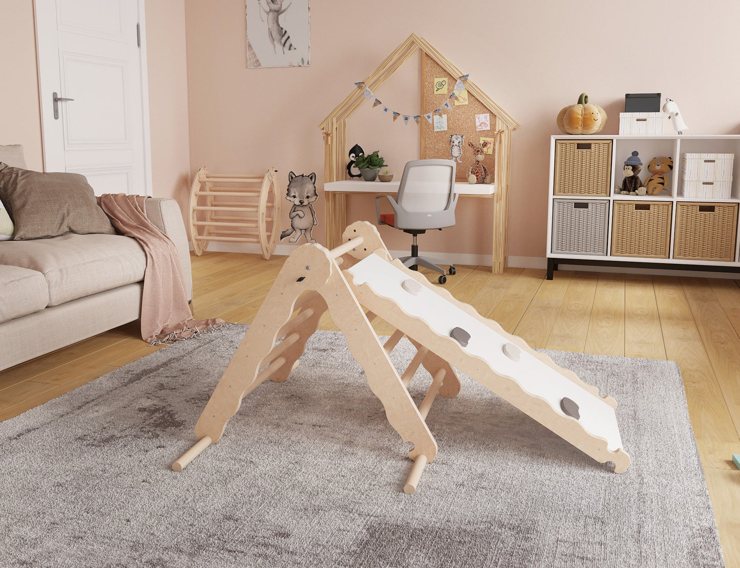 MAMOI® Klettergerüst indoor, Kletterdreieck mit rutsche holz, Baby kinder klettern, Kletterturm rutschbrett, Kletterbogen kinderrutsche, Regenbogenwippe, Montessori spielzeug ab 1 jahr 2/3 jahre-1