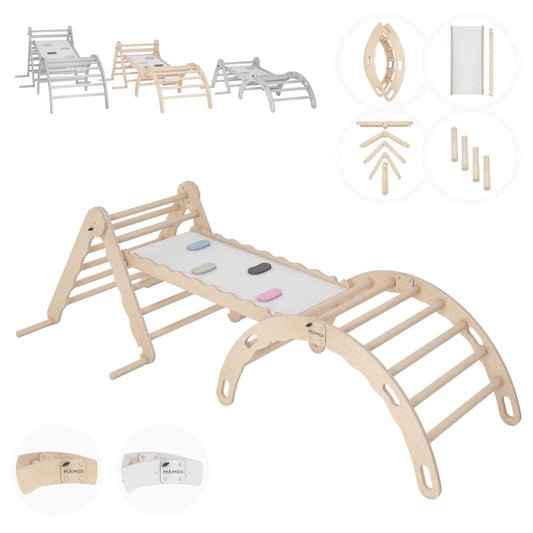 MAMOI® Set Klettergerüst indoor, Kletterdreieck mit rutsche aus holz, Kletterbogen, Baby kinder klettern, Regenbogenwippe mit Rutschbrett, Holzbogen für Spielplatz ab 1/2/3 jahre, Montessori-0