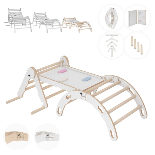 MAMOI® Set Klettergerüst indoor, Kletterdreieck mit rutsche aus holz, Kletterbogen, Baby kinder klettern, Regenbogenwippe mit Rutschbrett, Holzbogen für Spielplatz ab 1/2/3 jahre, Montessori-0