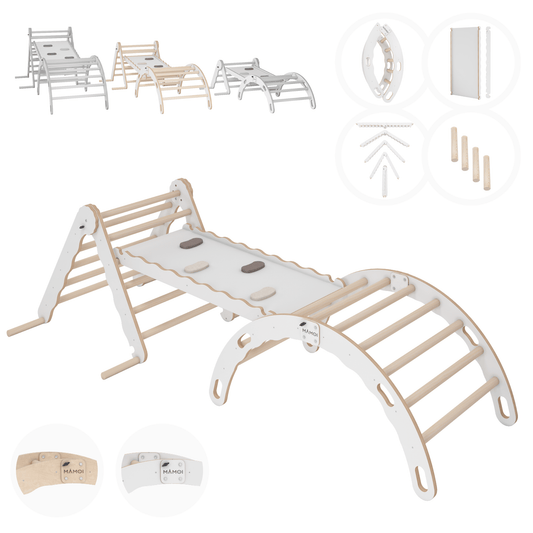 MAMOI® Set Klettergerüst indoor, Kletterdreieck mit rutsche aus holz, Kletterbogen, Baby kinder klettern, Regenbogenwippe mit Rutschbrett, Holzbogen für Spielplatz ab 1/2/3 jahre, Montessori-0