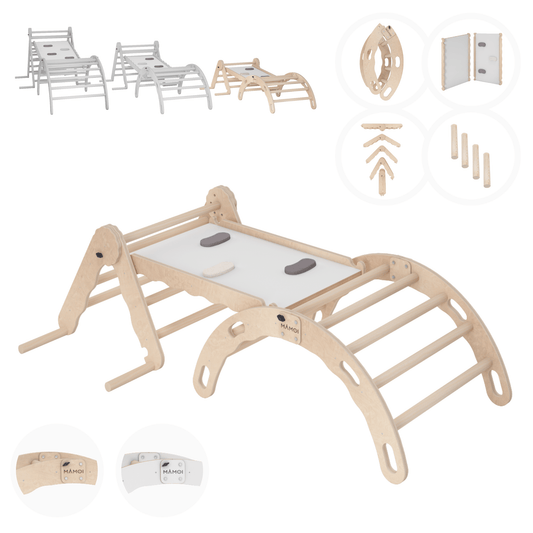 MAMOI® Set Klettergerüst indoor, Kletterdreieck mit rutsche aus holz, Kletterbogen, Baby kinder klettern, Regenbogenwippe mit Rutschbrett, Holzbogen für Spielplatz ab 1/2/3 jahre, Montessori-0