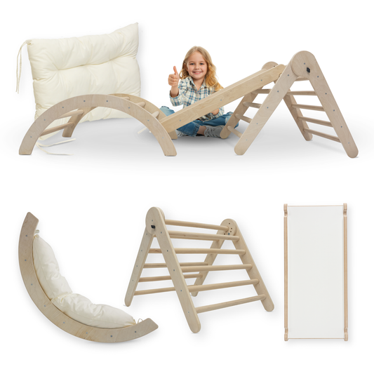 MAMOI® Klettergerüst Kletterdreieck Indoor 4 in 1 SET. Montessori Kletterbogen mit Kissen, Indoor Spielplatz 1-3 Jahre und Rutsche für Kinder.-0