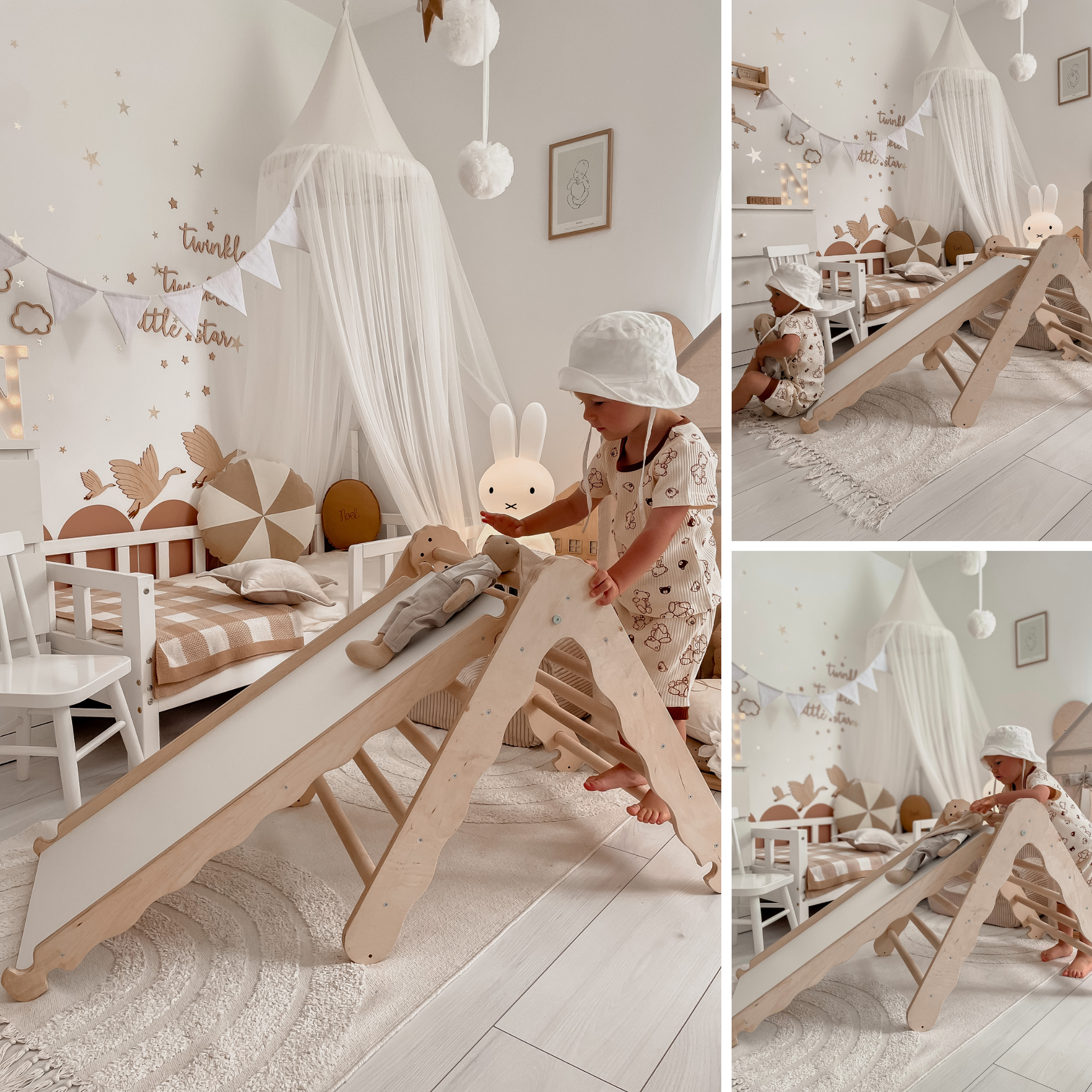 MAMOI® Klettergerüst indoor, Kletterdreieck mit rutsche holz, Baby kinder klettern, Kletterturm rutschbrett, Kletterbogen kinderrutsche, Regenbogenwippe, Montessori spielzeug ab 1 jahr 2/3 jahre-4