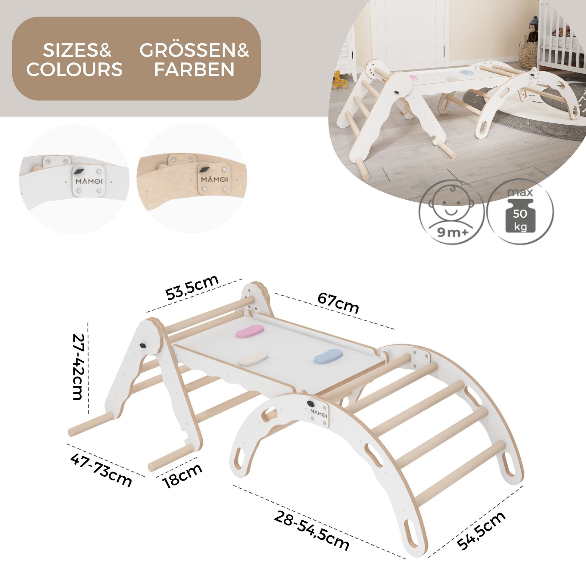 MAMOI® Set Klettergerüst indoor, Kletterdreieck mit rutsche aus holz, Kletterbogen, Baby kinder klettern, Regenbogenwippe mit Rutschbrett, Holzbogen für Spielplatz ab 1/2/3 jahre, Montessori-3