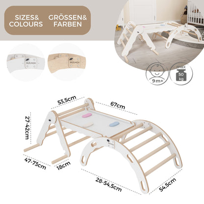 MAMOI® Set Klettergerüst indoor, Kletterdreieck mit rutsche aus holz, Kletterbogen, Baby kinder klettern, Regenbogenwippe mit Rutschbrett, Holzbogen für Spielplatz ab 1/2/3 jahre, Montessori-3
