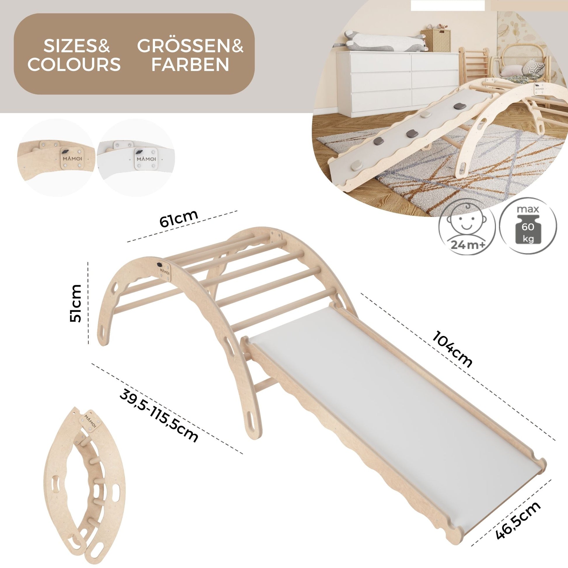 MAMOI® Kletterbogen mit rutsche, Kletterdreieck, Baby klettern, Regenbogenwippe aus holz, Holzbogen für Kinder, Rutschbrett für spielplatz, Klettergerüst indoor ab 1 jahr 2/3 jahre, Montessori-3